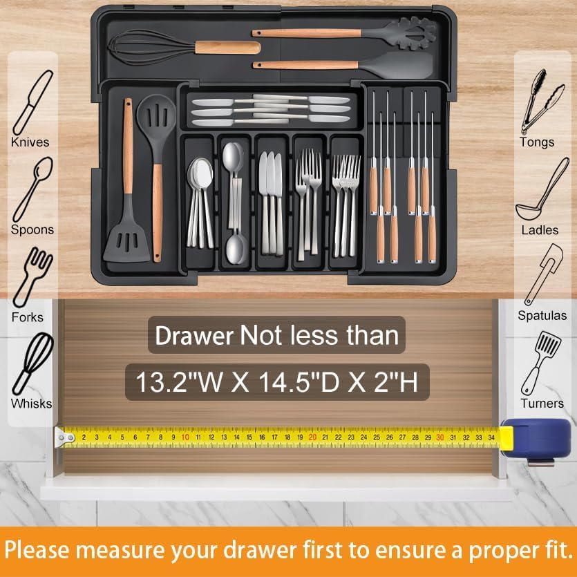 Detalle de Oillase Rectangular Expandable Cutlery Organizer, 6–9 Compartments, 2 Knife Blocks