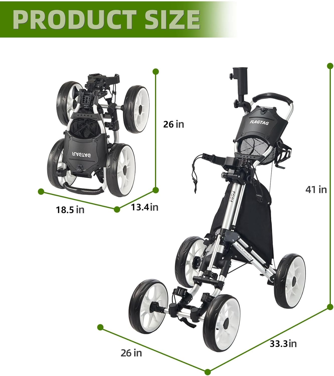 Thumbnail 1 de FLAGTAG Golf Push Cart 4-Wheels: Foldable 1-Click Aluminum Cart with Cup/ Umbrella Holders and Cooler