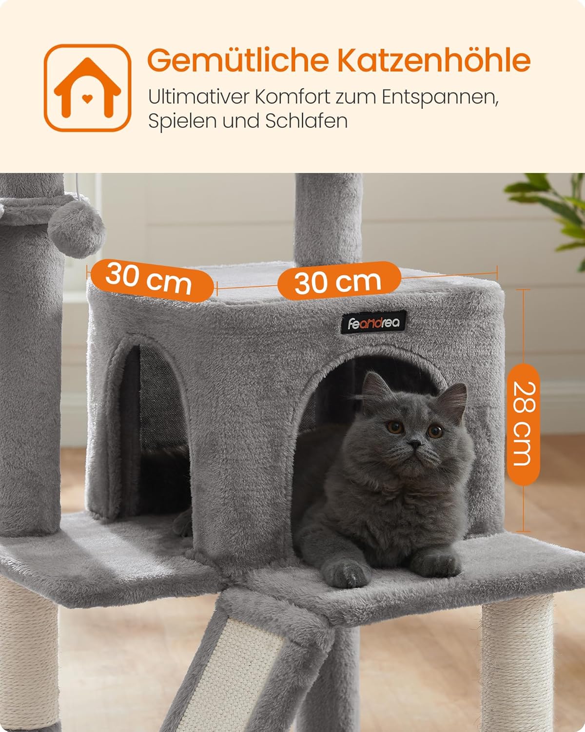 Detalle de Feandrea Kratzbaum 96 cm hoch – großer Katzenbaum mit Höhle, Hängematte und Kratzrampe