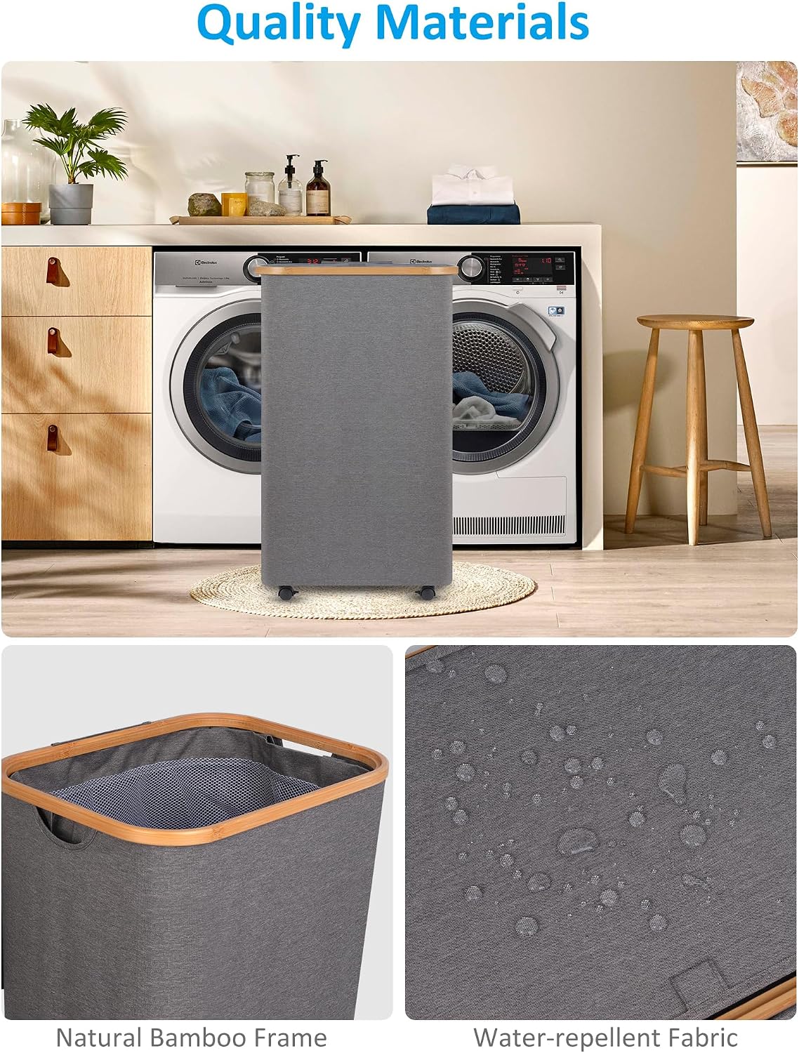 Detalle de efluky Wäschekorb mit Rollen 100L XL – Groß, langlebig & flexibel mit Deckel und herausnehmbarer Innentasche