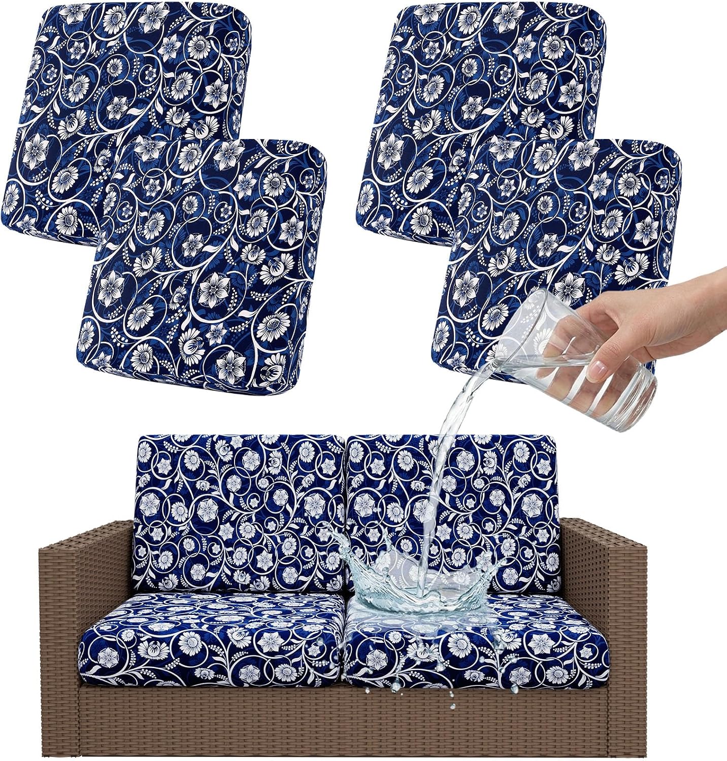 Detalle de Smiry HWZDT004 Stretch Patio Cushion Covers, Navy Floral, Waterproof, 4-Piece