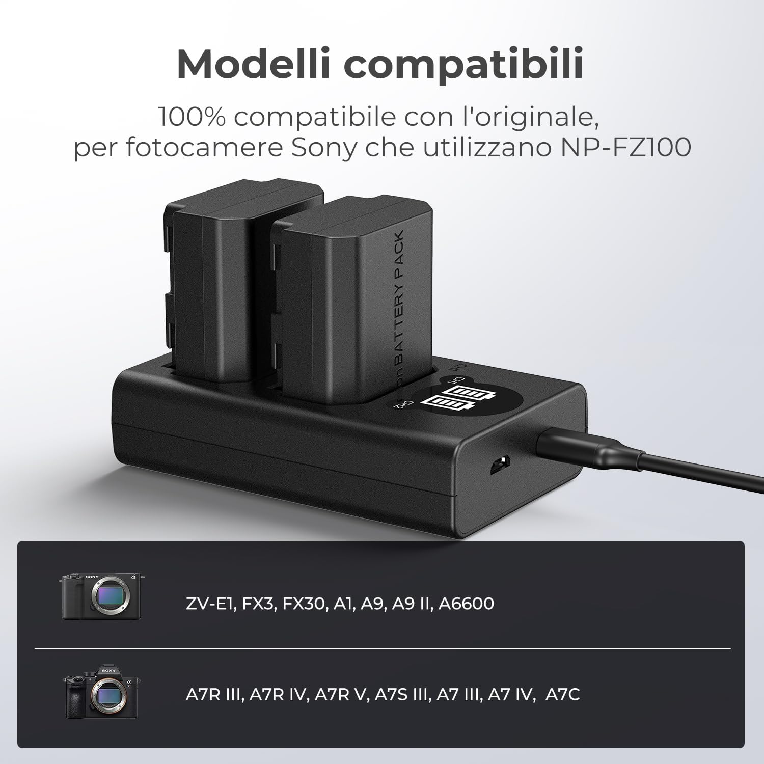 Detalle de K&F CONCEPT Caricabatterie NP-FZ100 doppio slot 700mA