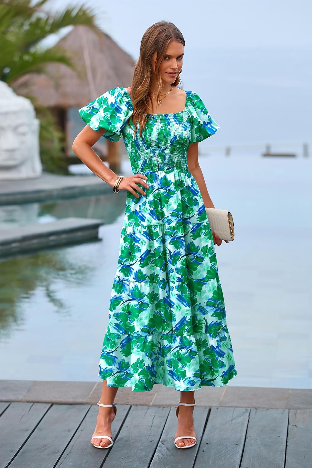 Detalle 2 de PRETTYGARDEN Women’s Casual Summer Midi Dress with Smocked Bodice, Tiered Ruffles & Square Neck