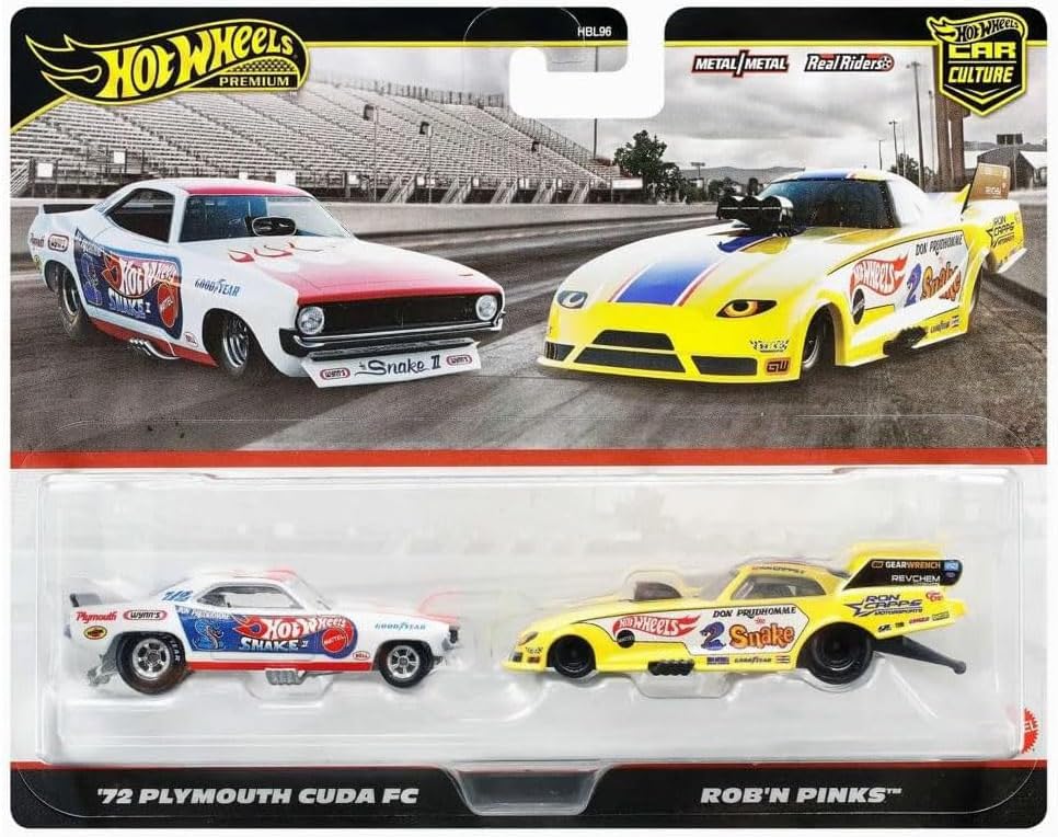 Hot Wheels JBL01 Premium Lot de 2 Mini Voitures: 72 Plymouth Cuda FC/Rob N – Rose (3 Ans+)