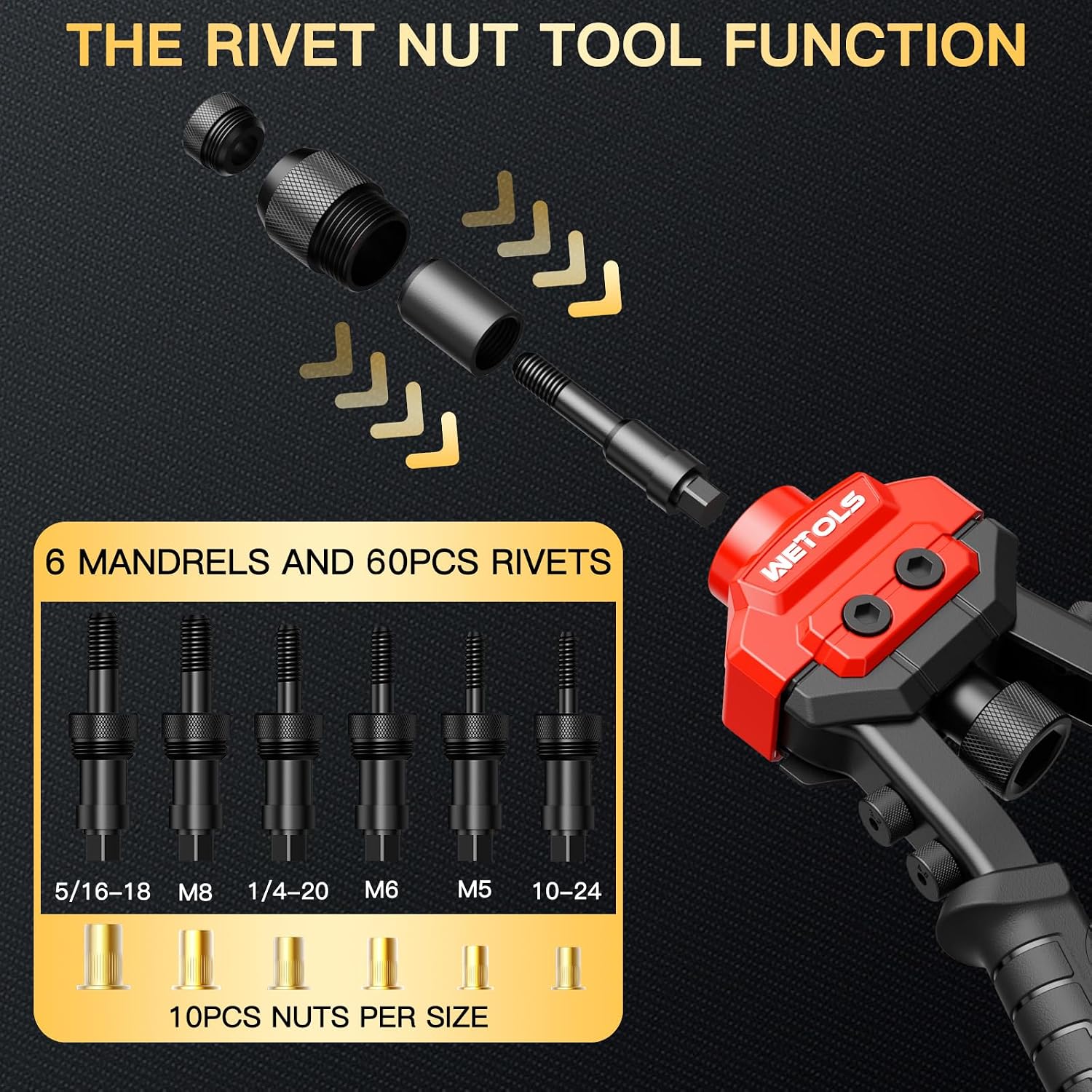 Detalle 2 de WETOLS WE-890 3-in-1 Rivet Gun, Rivet Nut Tool and Reamer Kit