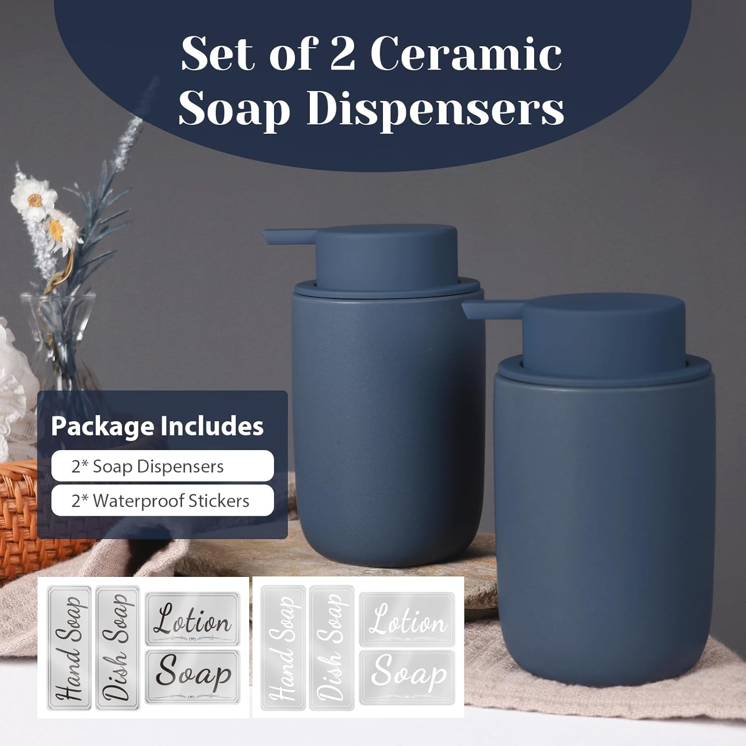 Thumbnail 2 de Autumnlife Keramik Seifenspender Set, 2 Stück – blau, 350 ml, mit großer Pumpe und Etiketten
