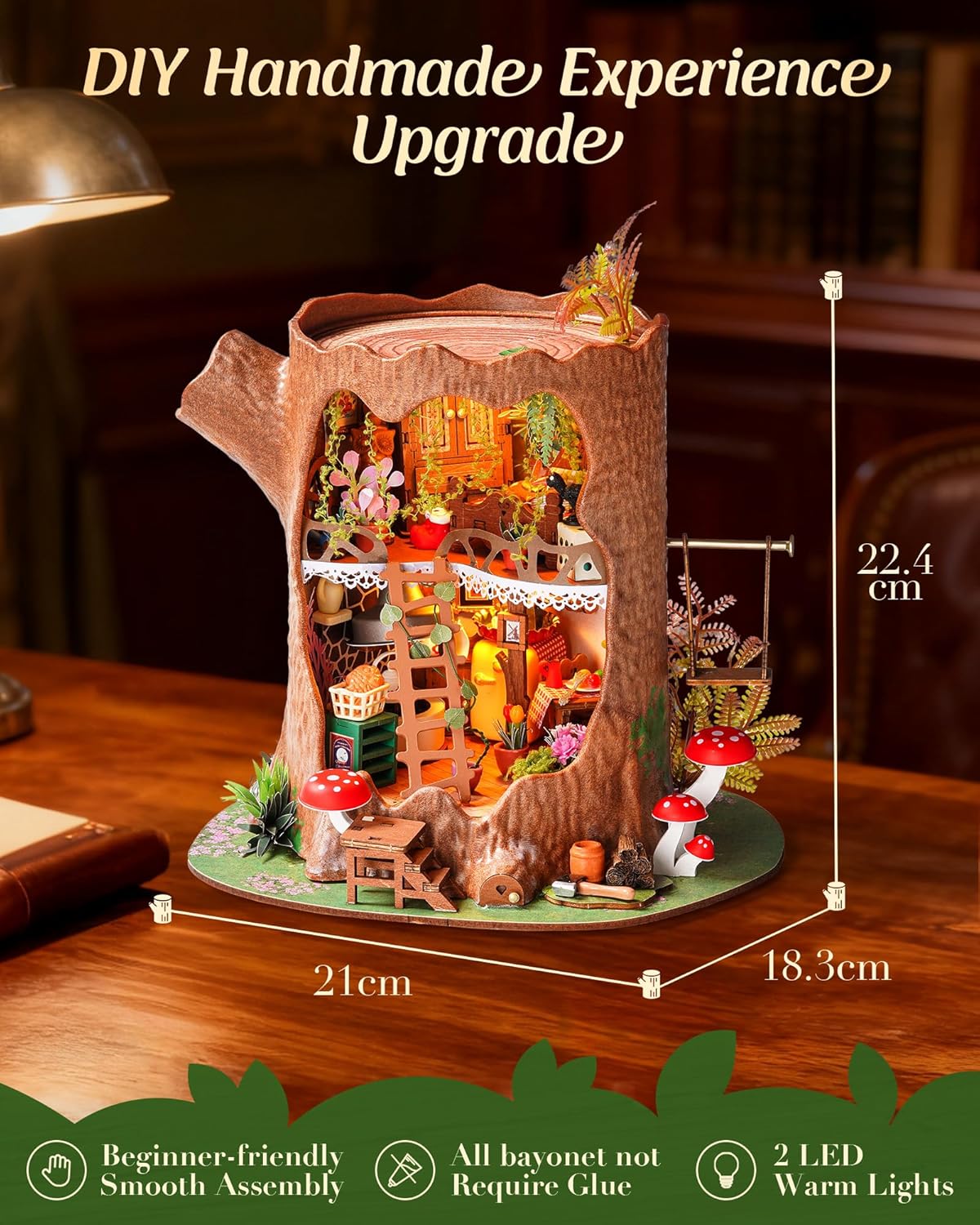 Detalle de ROBOTIME Fairytale Tree House : kit maison miniature en bois à construire avec éclairage LED