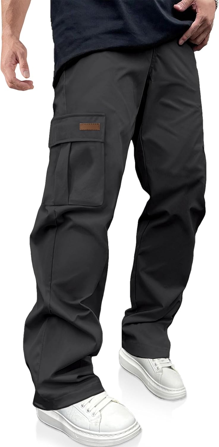 Detalle de PLEPAN Men’s Casual Cargo Pants with Drawstring Waist, Pockets for Hiking, Workout & Everyday Wear