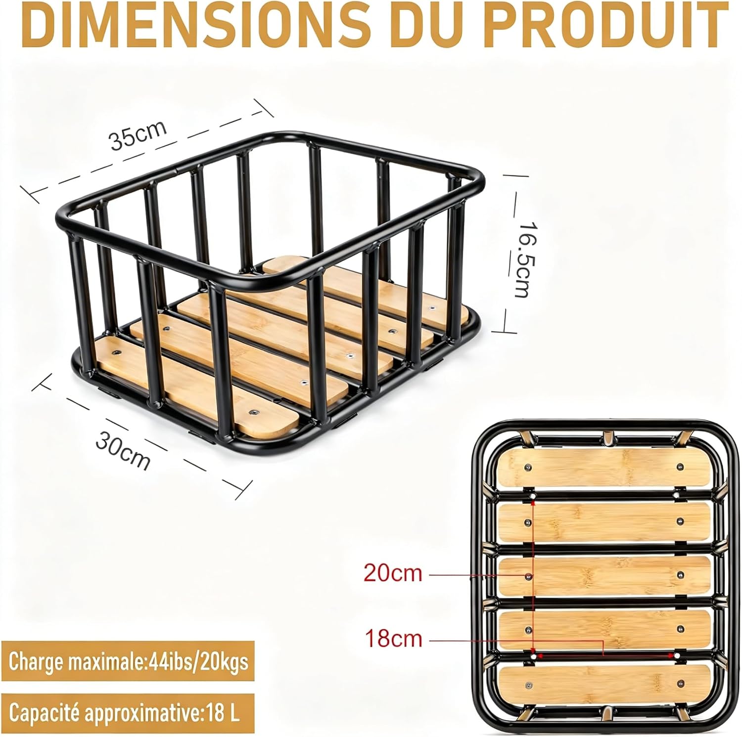 Detalle de CXWXC Panier arrière de vélo grand modèle avec fond en bois, housse imperméable et filet cargo