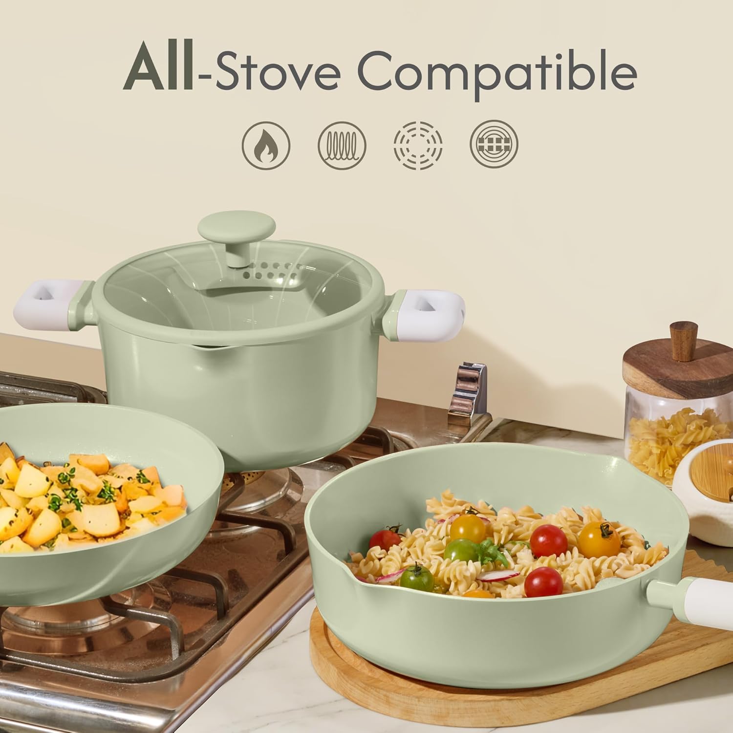 Thumbnail 4 de CAROTE Pots and Pans Set Nonstick Ceramic Cookware — 9 Piece Green Induction Set with Steamer