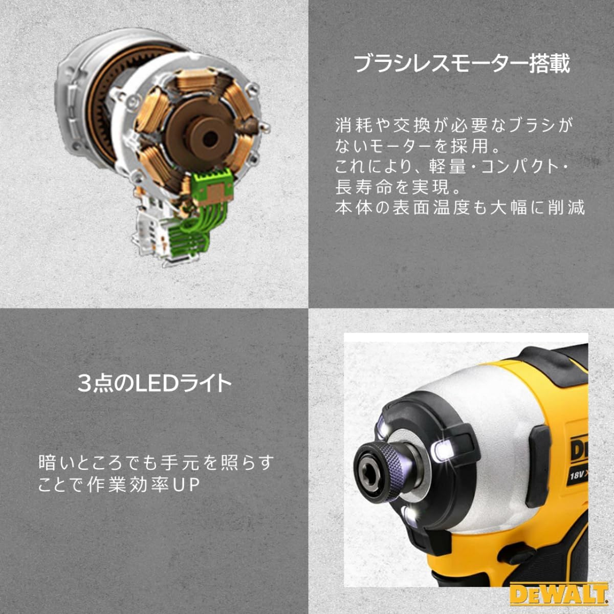 Detalle 1 de DEWALT DCF809P2-JP コードレスインパクトドライバー 18V・ブラシレスモーター・バッテリー2個付き