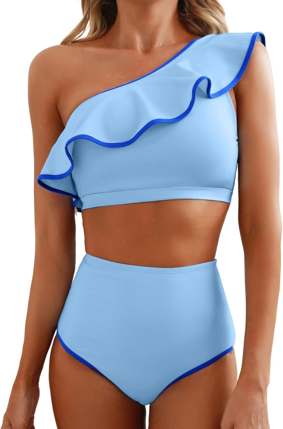 Thumbnail 6 de Herseas Women's One Shoulder Bikini Sets Color Block Trim Ruffle Hem Swimsuits