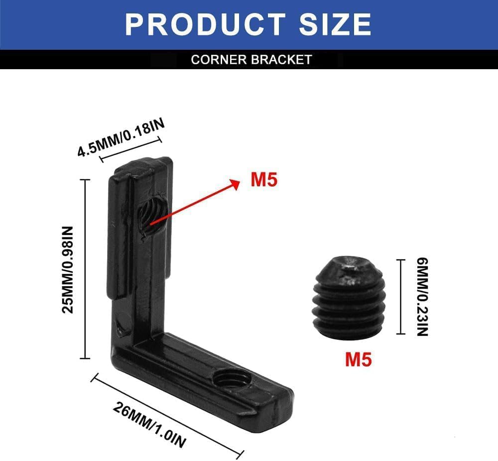 Detalle de iMetrx L‑Form 90° Innenwinkel für 20x20 Aluminiumprofil, 26 Stück Schwarz (V‑Typ/T‑Typ)