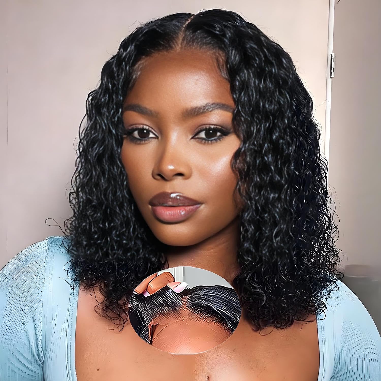 Detalle de TOMAFUN 16-Inch Deep Wave Human Hair Bob Wig, 4x4 HD Lace, Glueless