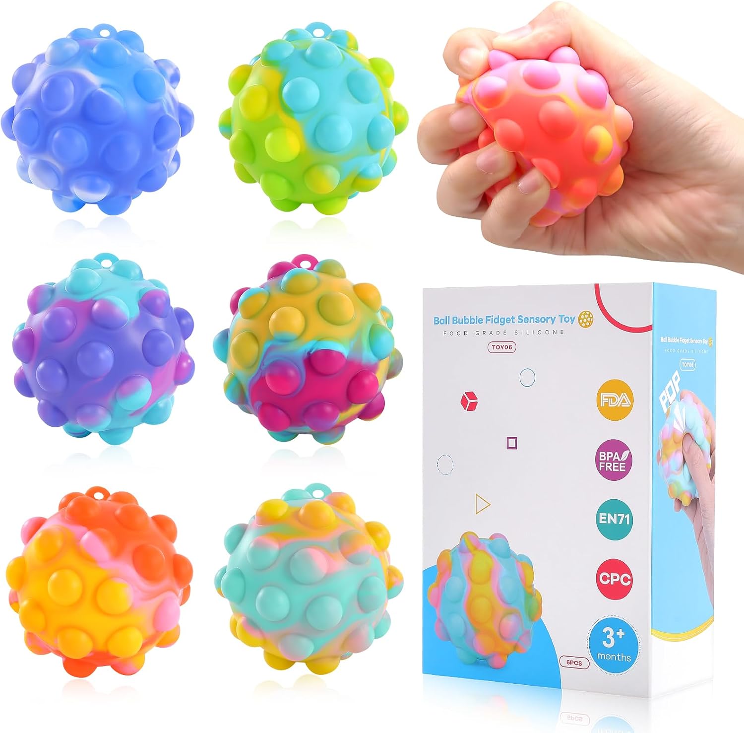 Detalle de Genuvi TOY6 Pop Fidget Toy Set, 6 Silicone Balls with Press-and-Pop Play