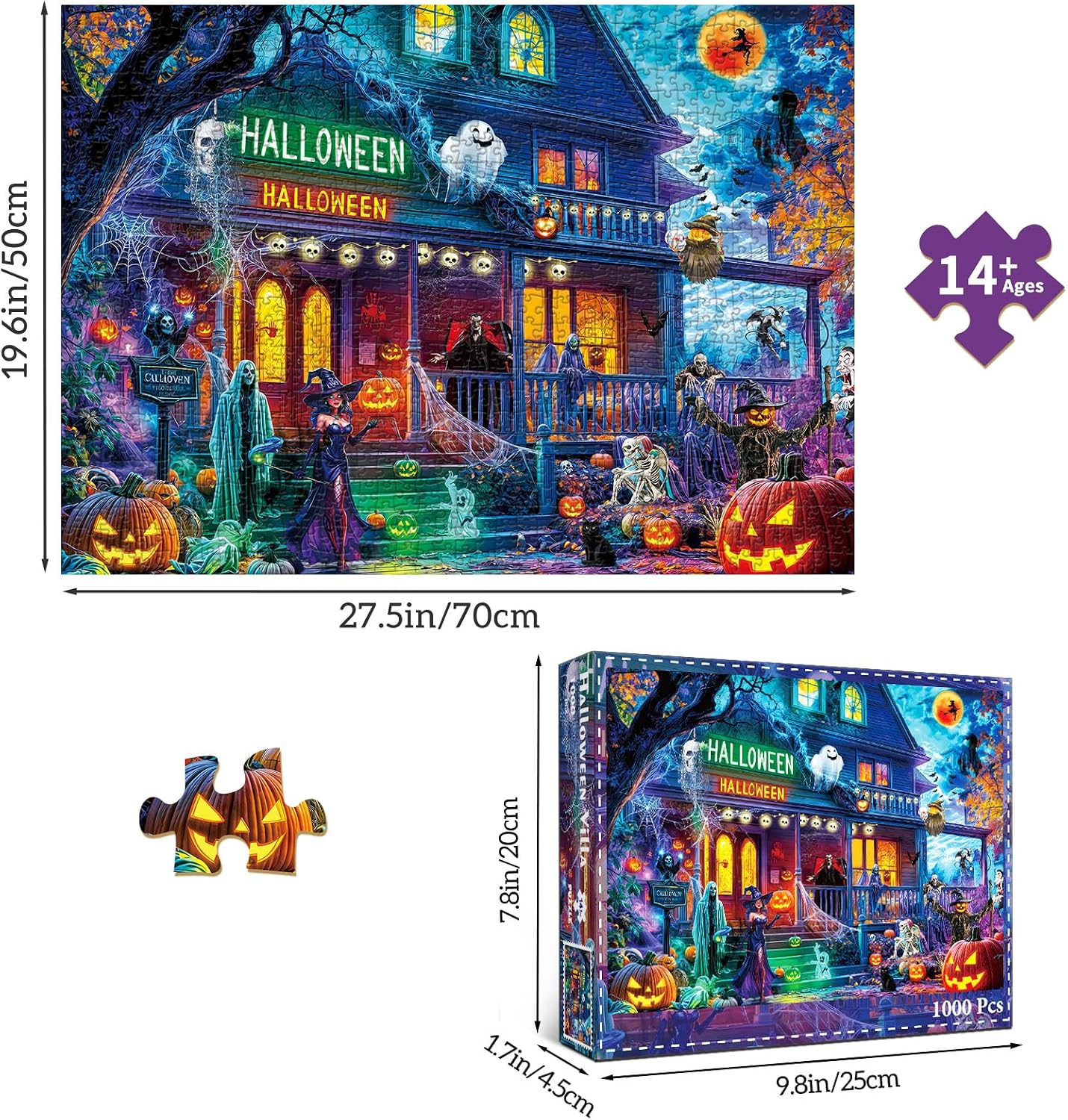 Detalle 1 de HUADADA Halloweenpussel med 1 000 bitar och motiv av ett gammalt hus