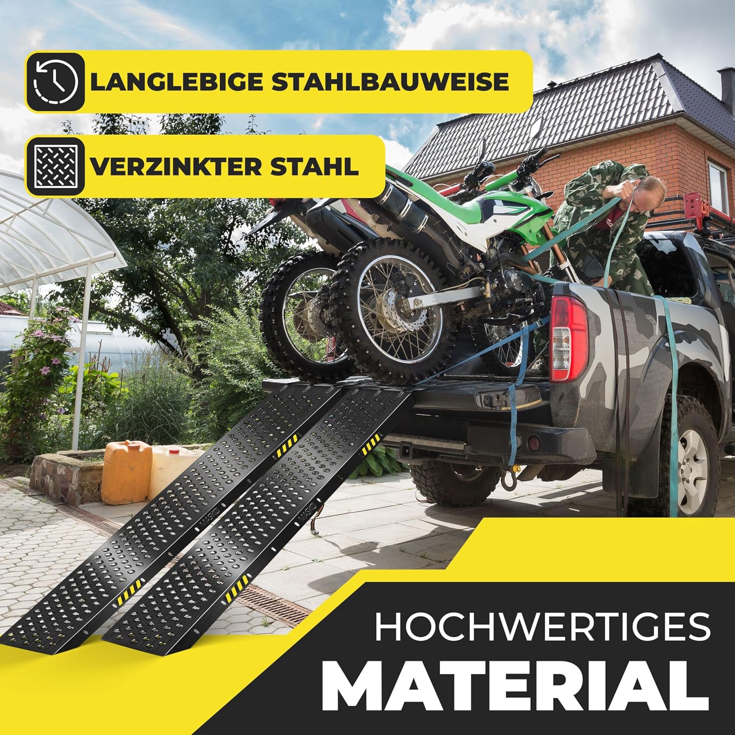 Detalle de MASKO® 2X Auffahrrampe 400kg – Verzinkte Verladerampe im 2er-Set (160x23x4,5 cm, je 5,5 kg)