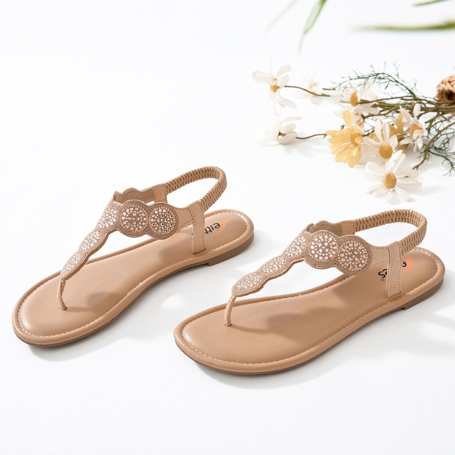 Thumbnail 5 de Veittes Damen Bohemian Flache Sandalen – Glitzernde Strassdekoration, elastischer Knöchelriemen und rutschfeste Sohle