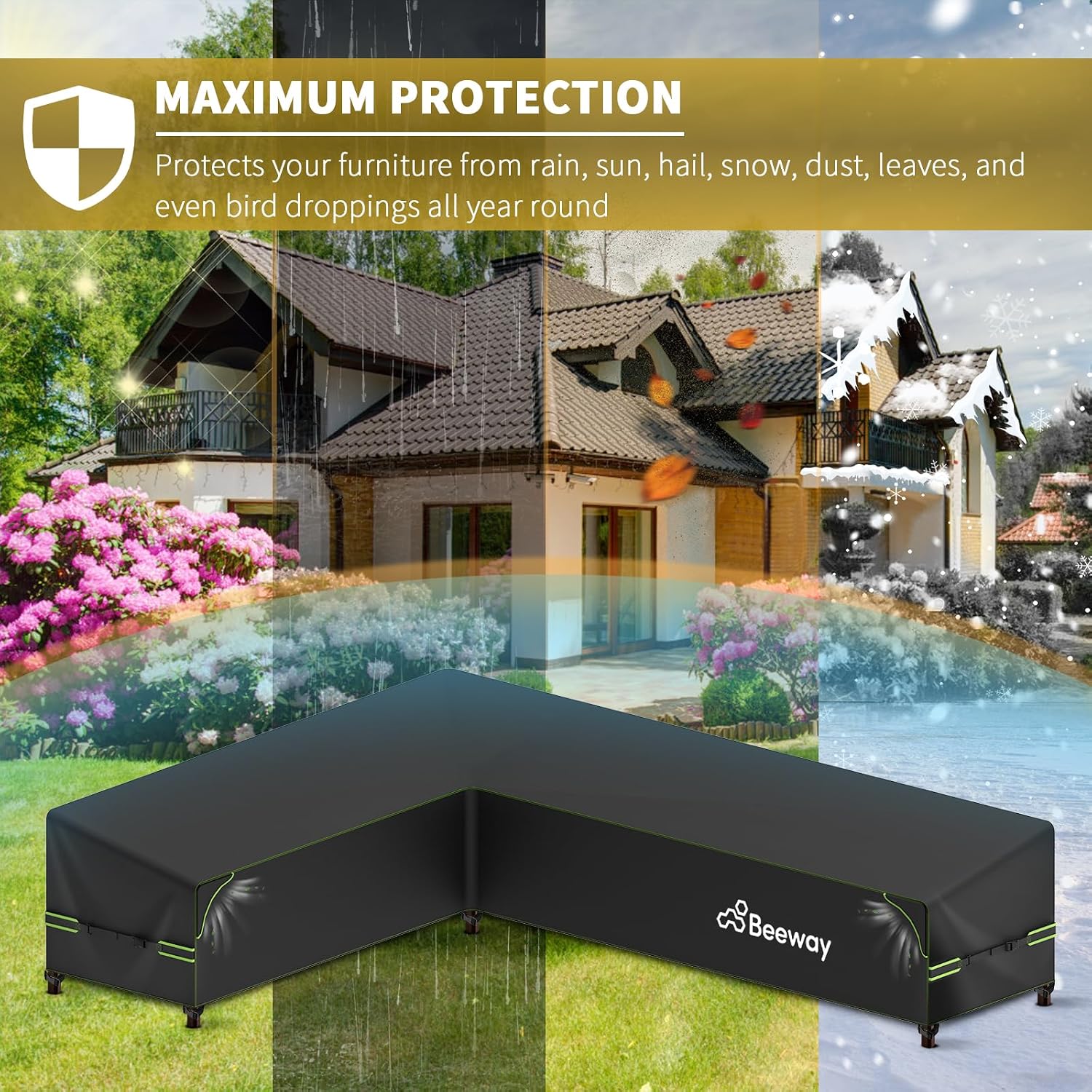 Thumbnail 6 de BEEWAY L-Shape Garden Furniture Cover with Air Vents and Windproof Design (420D Oxford) for Corner Sofas