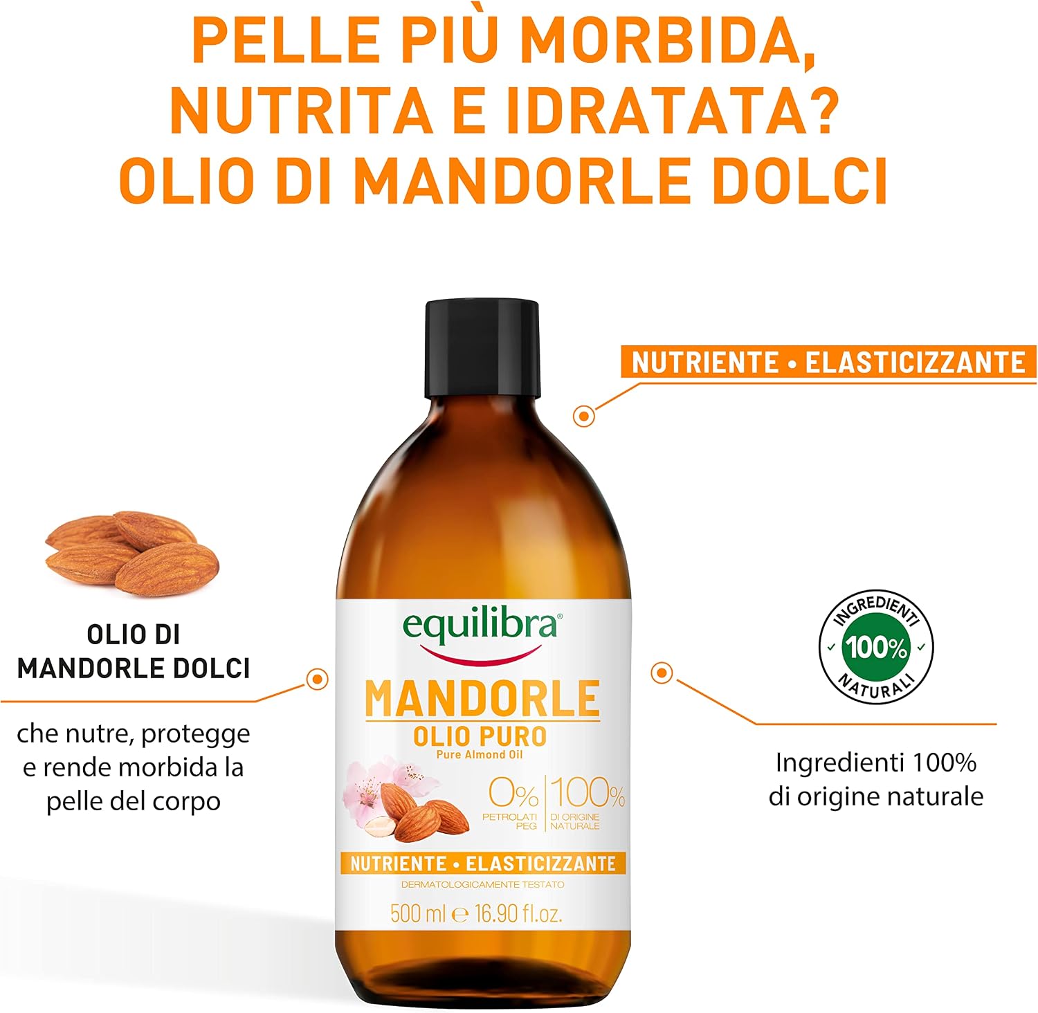 Detalle 2 de equilibra Corpo Olio di Mandorle Dolci Puro protettivo, nutriente ed elasticizzante (2 x 500 ml) per smagliature in gravidanza o dieta ipocalorica
