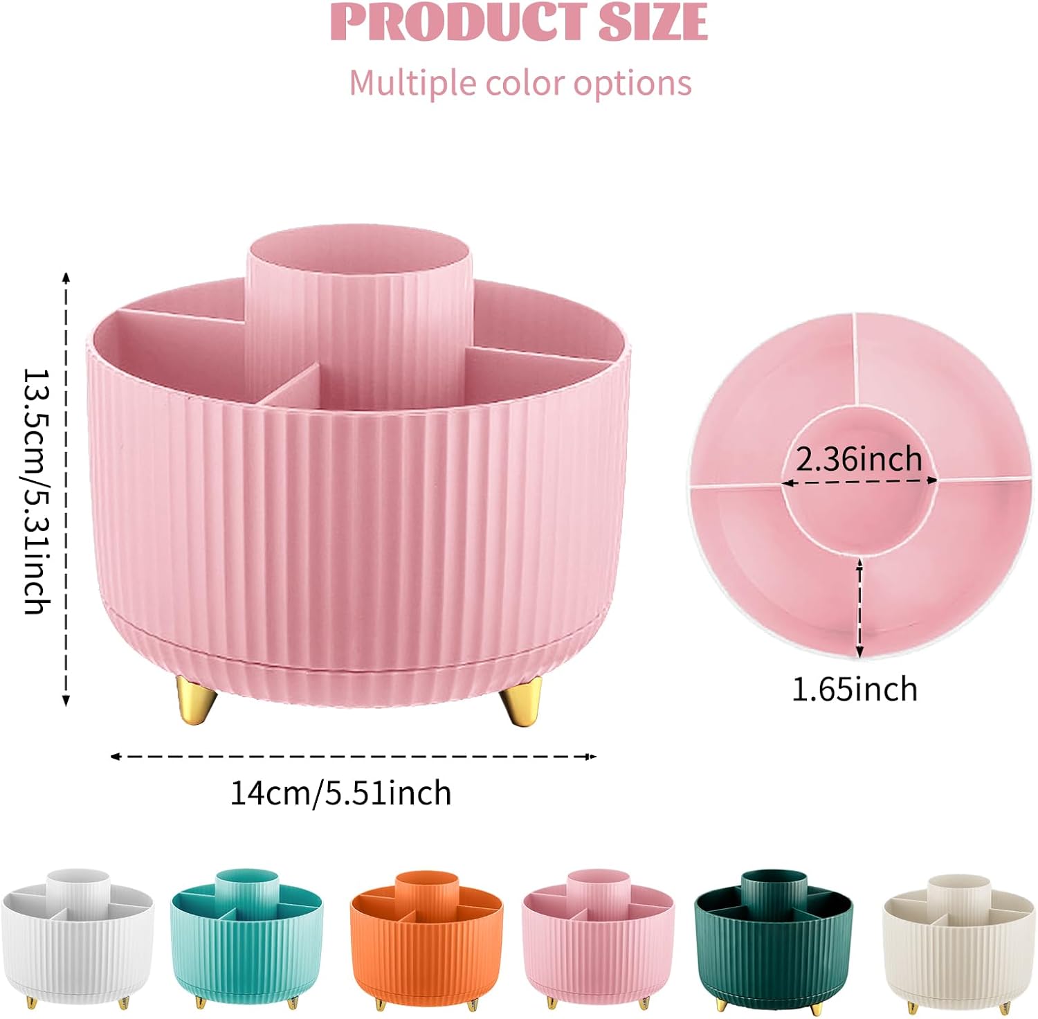 Thumbnail 3 de 360° Rotating Makeup Organiser with 5 Compartments (Pink) – desk brush holder and stationery storage
