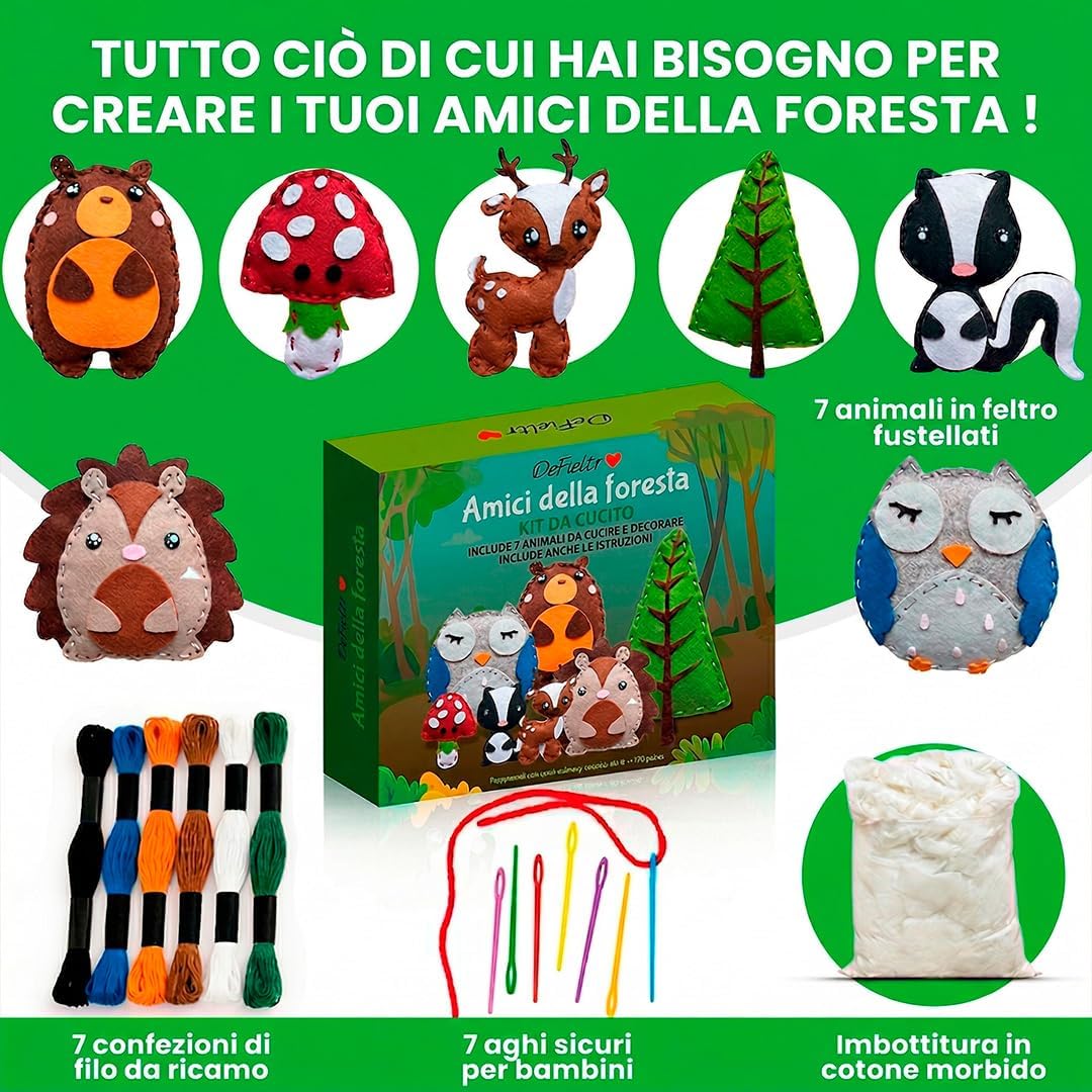 Detalle 2 de DeFieltro Título Animali del Bosco – Kit Cucito Bambina e Bambino (7 Figure) per Imparare e Giocare