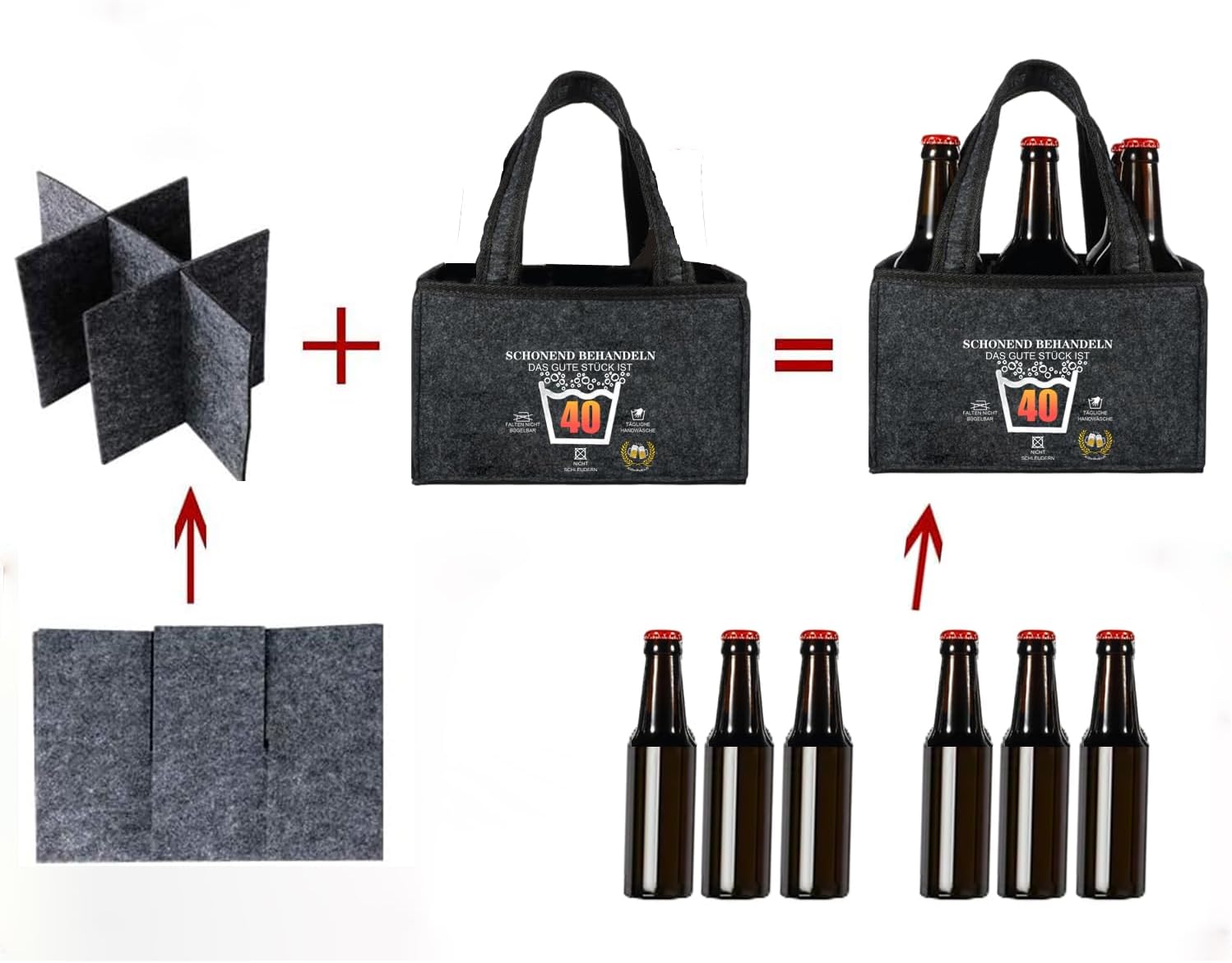 Detalle de AiDeHuaKeJi Männerhandtasche Bier Geschenk zum 40. Geburtstag – Filz-Träger für 6 Flaschen inkl. Öffner & Grußkarte