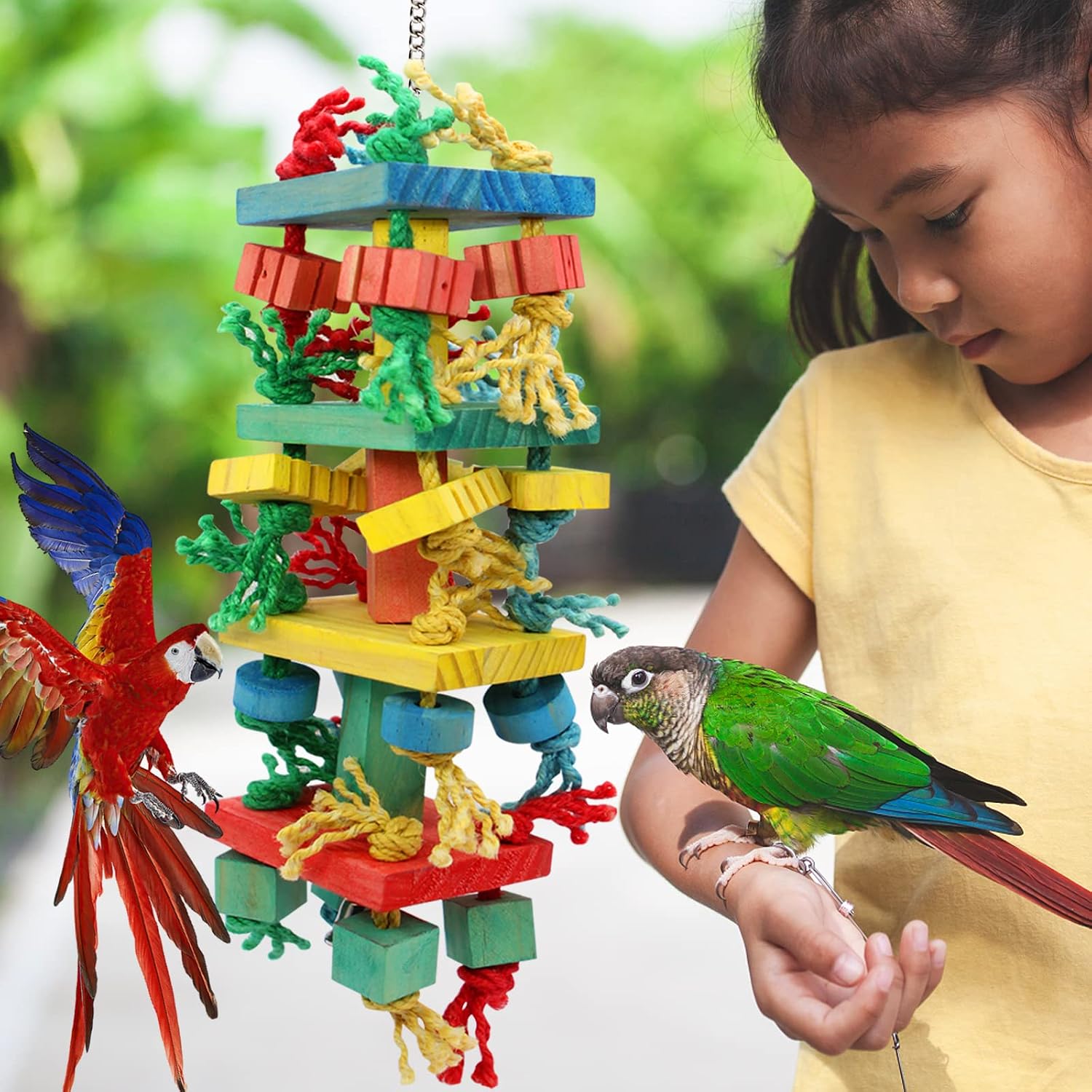 Thumbnail 5 de MQUPIN Chewing Large Parrot Toys: Multicoloured Wooden Block Toy for Cockatoos, African Grey, Macaws & Amazons (21.3" x 5.1")