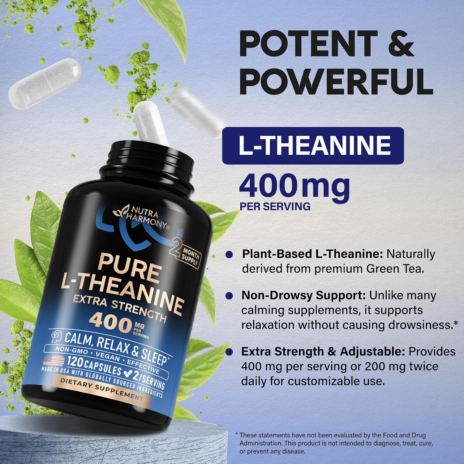 Detalle de NUTRAHARMONY 5 L-Theanine 400 mg, 120-Capsule Vegan Supplement