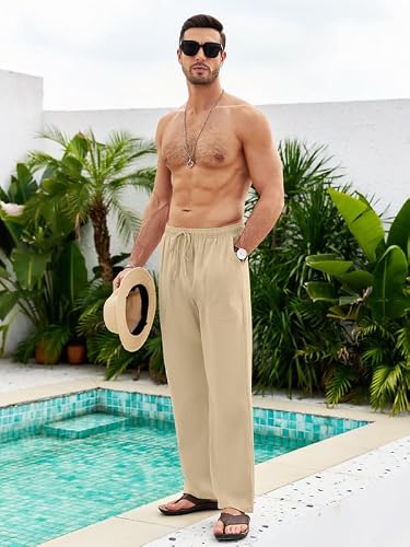 Detalle de Litthing Pantalones de Lino para Hombre – Algodón Verano con Cordón y Bolsillos