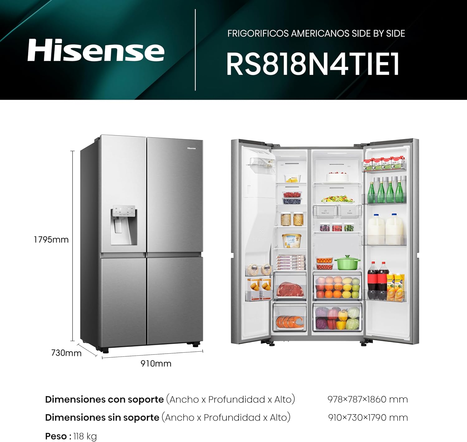 Thumbnail 1 de Hisense RS818N4TIE1 frigorífico 632 litros inox