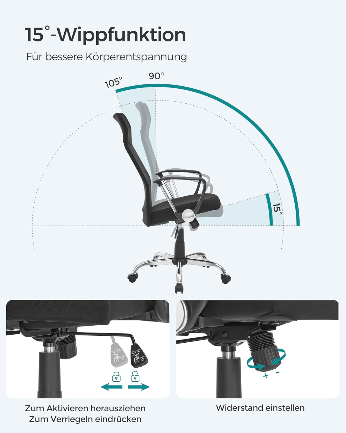 Detalle de SONGMICS OBN034B01 Bürostuhl mit S-förmiger Rückenlehne, höhenverstellbar und neigbar bis 120 kg