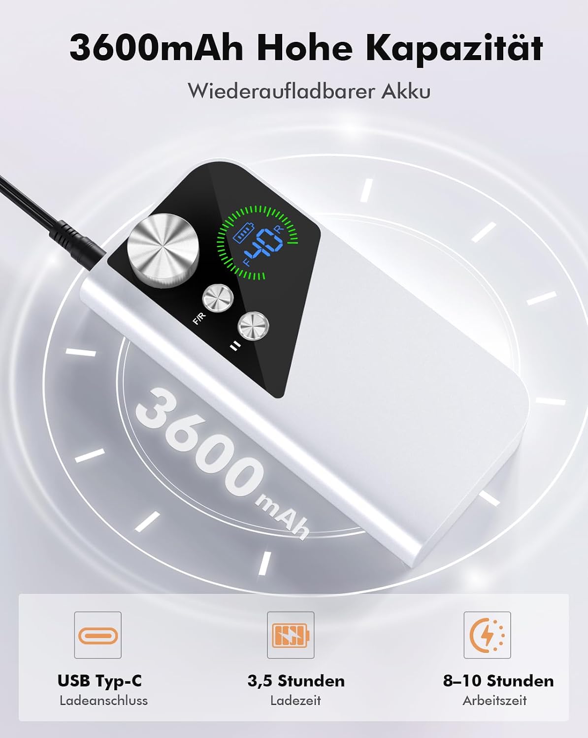 Detalle 2 de HOMEASY Nagelfräser Profi mit 40.000 U/min, Akku und LCD-Anzeige (6 Bits)