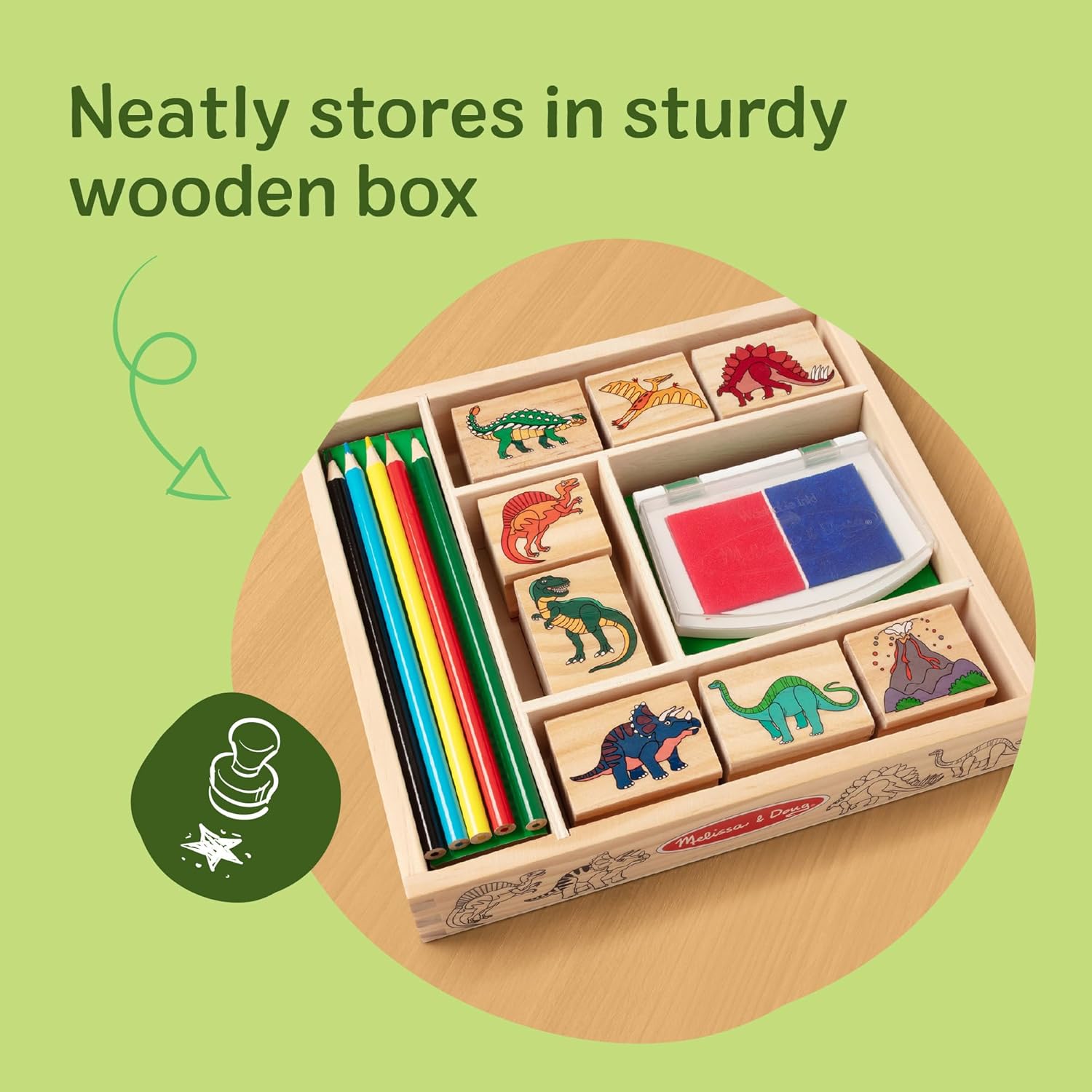 Detalle de Melissa & Doug Jeu de Timbres Dinosaure en Bois – 9 timbres, tampon d’encre bicolore et 5 crayons