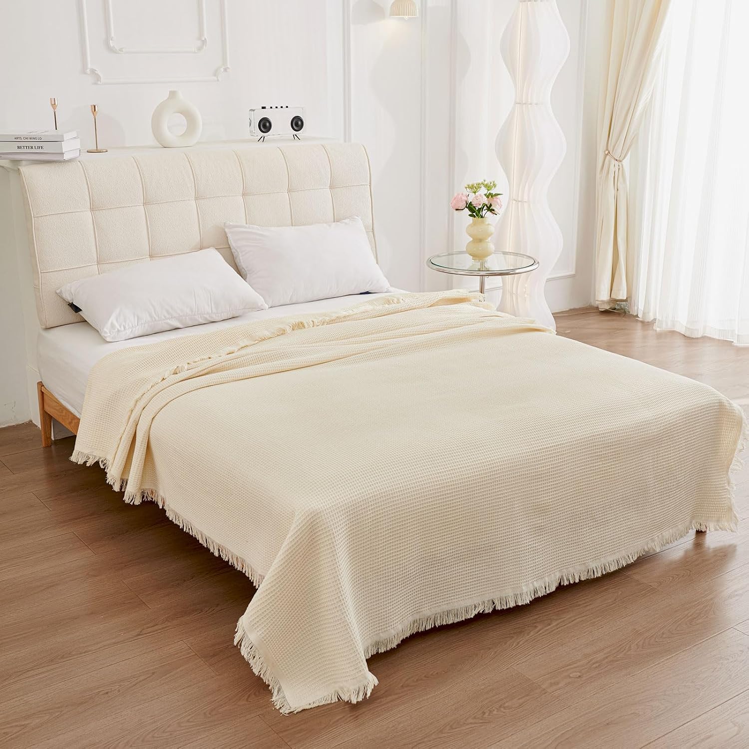 Detalle de LHGOGO Waffle Weave Large Sofa Throw (180x230cm) in Cream