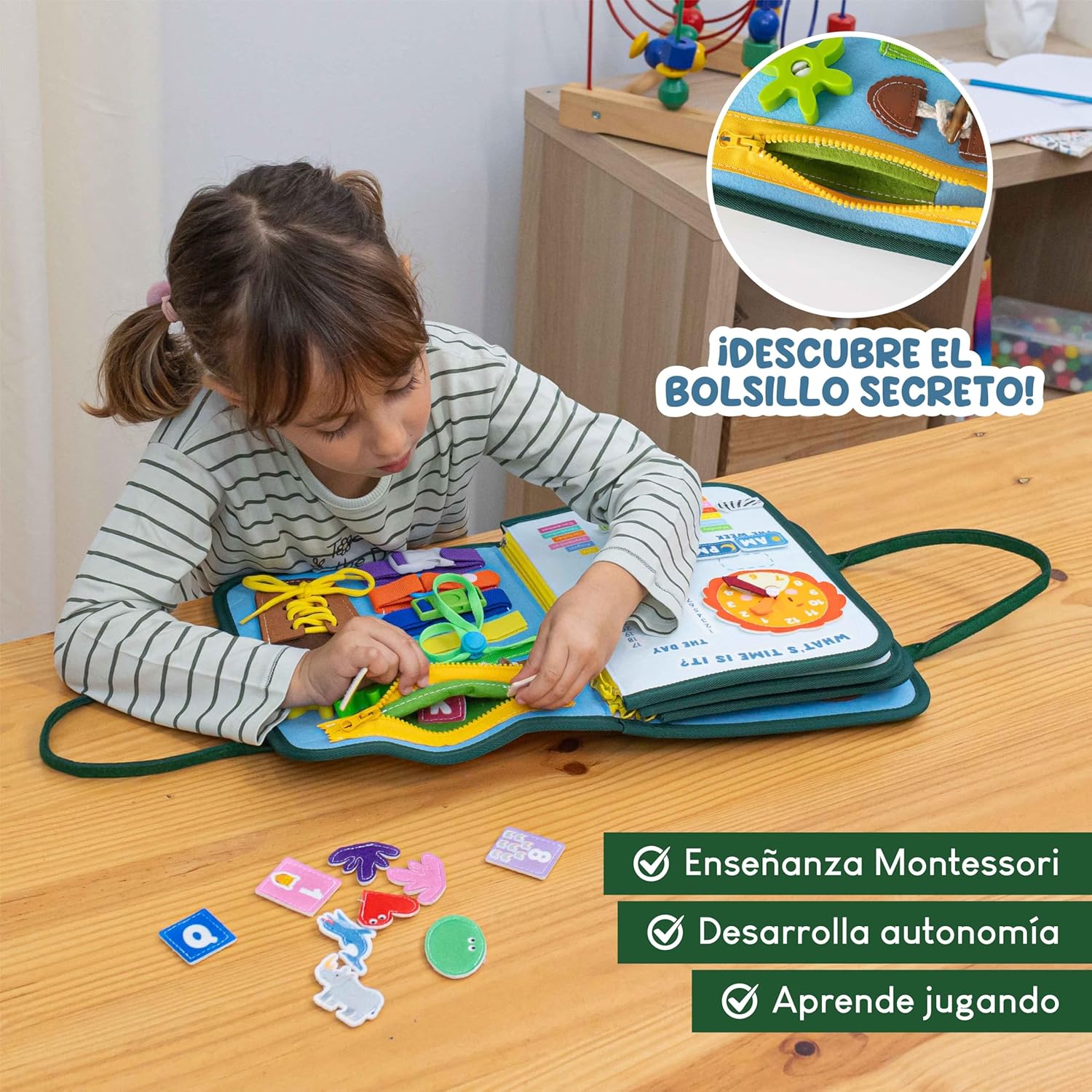 Detalle de BONNYCO Busy Board Montessori de Fieltro: Maletín de Paneles Sensoriales para Motricidad y Aprendizaje Temprano