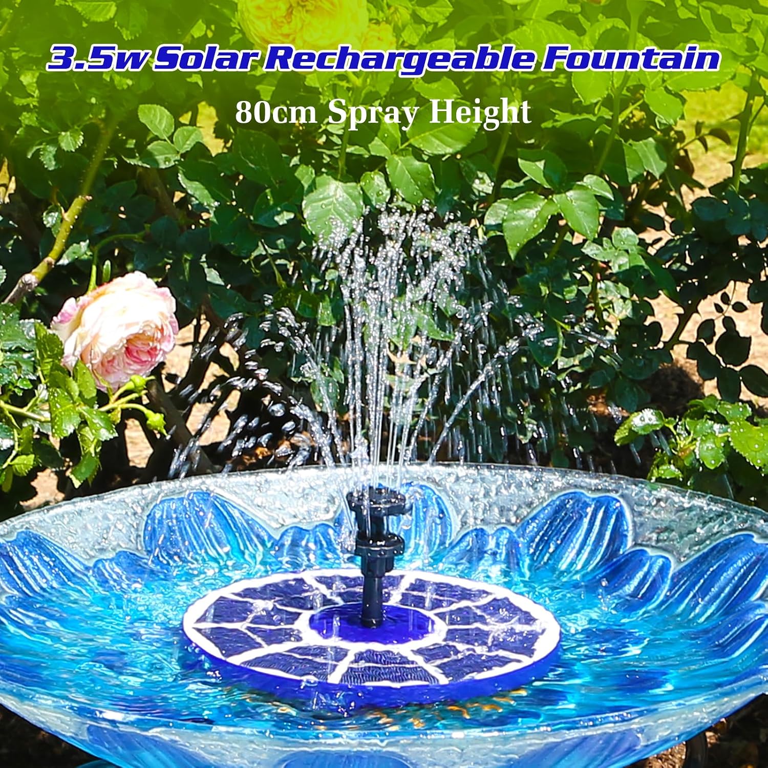 Detalle de AISITIN Solar Water Fountain with 3.5W Glass Panel and 8 Nozzles (Dark Blue) – Battery-Enabled Bird Bath Pump for Small Outdoor Ponds