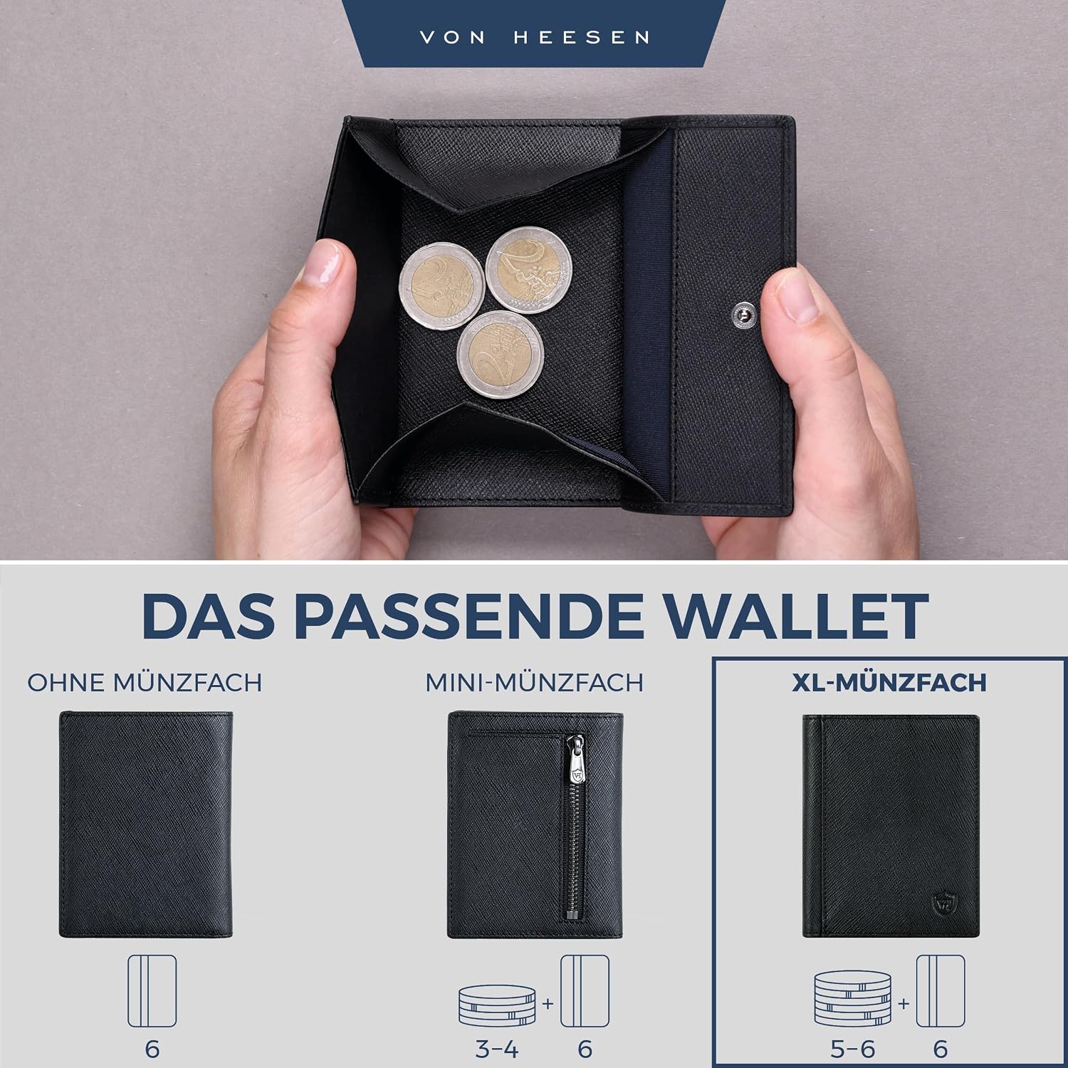Detalle de VON HEESEN Leder Geldbörse mit Münzfach & RFID-Schutz – Saffiano Schwarz