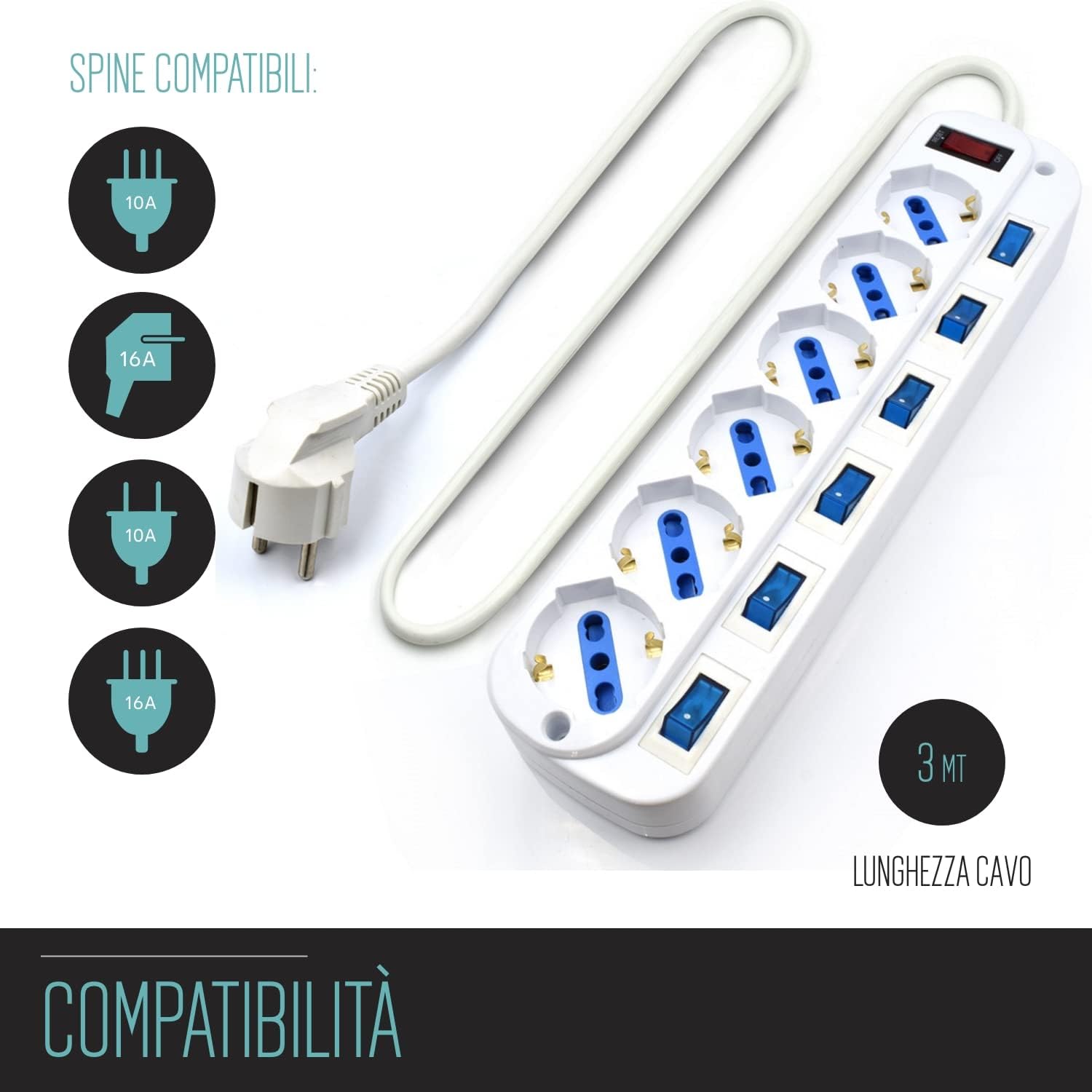 Thumbnail 1 de Multipresa 6 Posti EW3929 con Spina Schuko e prese italiane: cavo 3 m e 45° angolato
