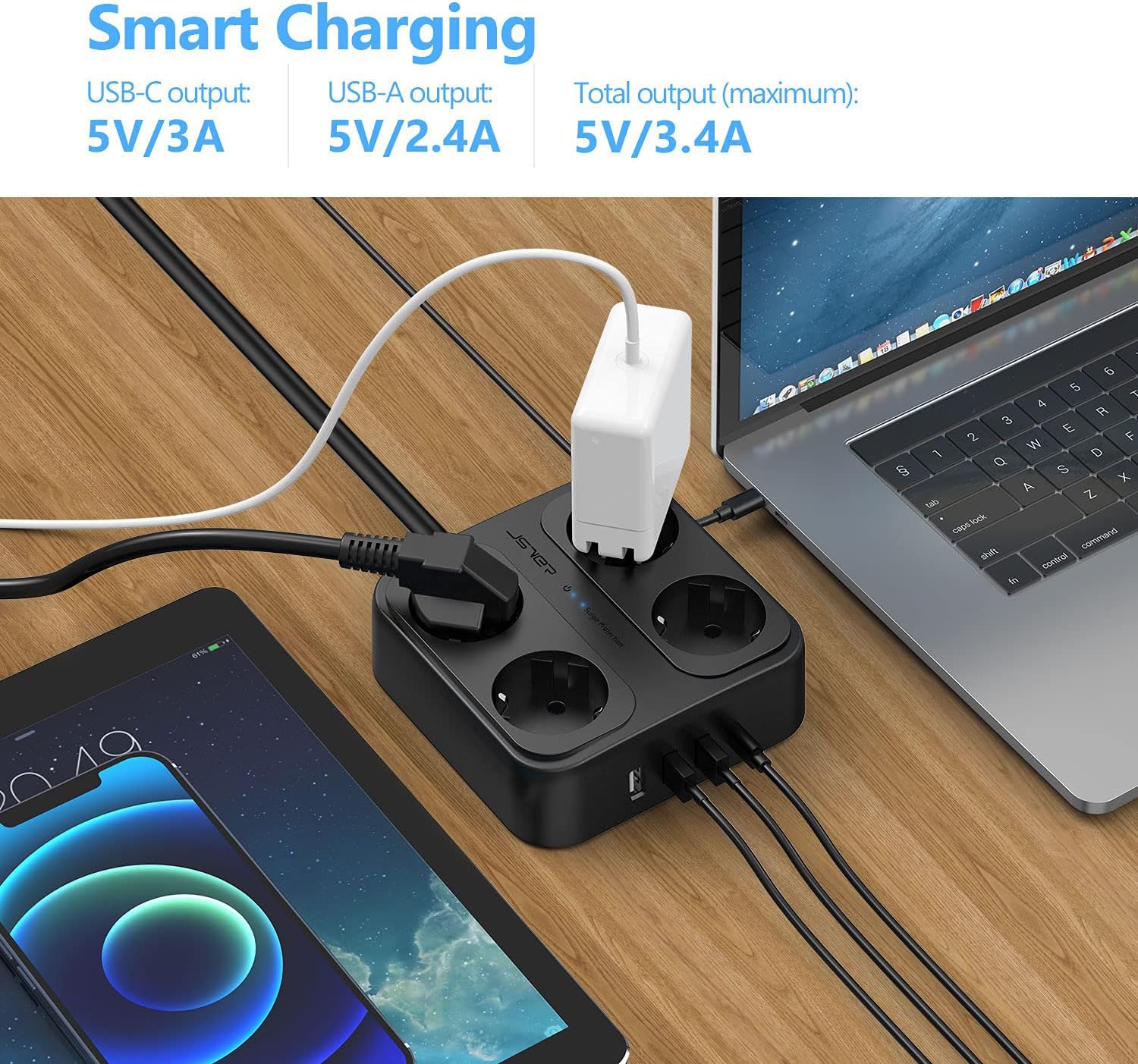 Detalle de JSVER 8-in-1 Steckdosenleiste mit 4 Fach, 3× USB-A + 1× USB-C, Schalter und Überspannungsschutz (1,8 m) – Schwarz