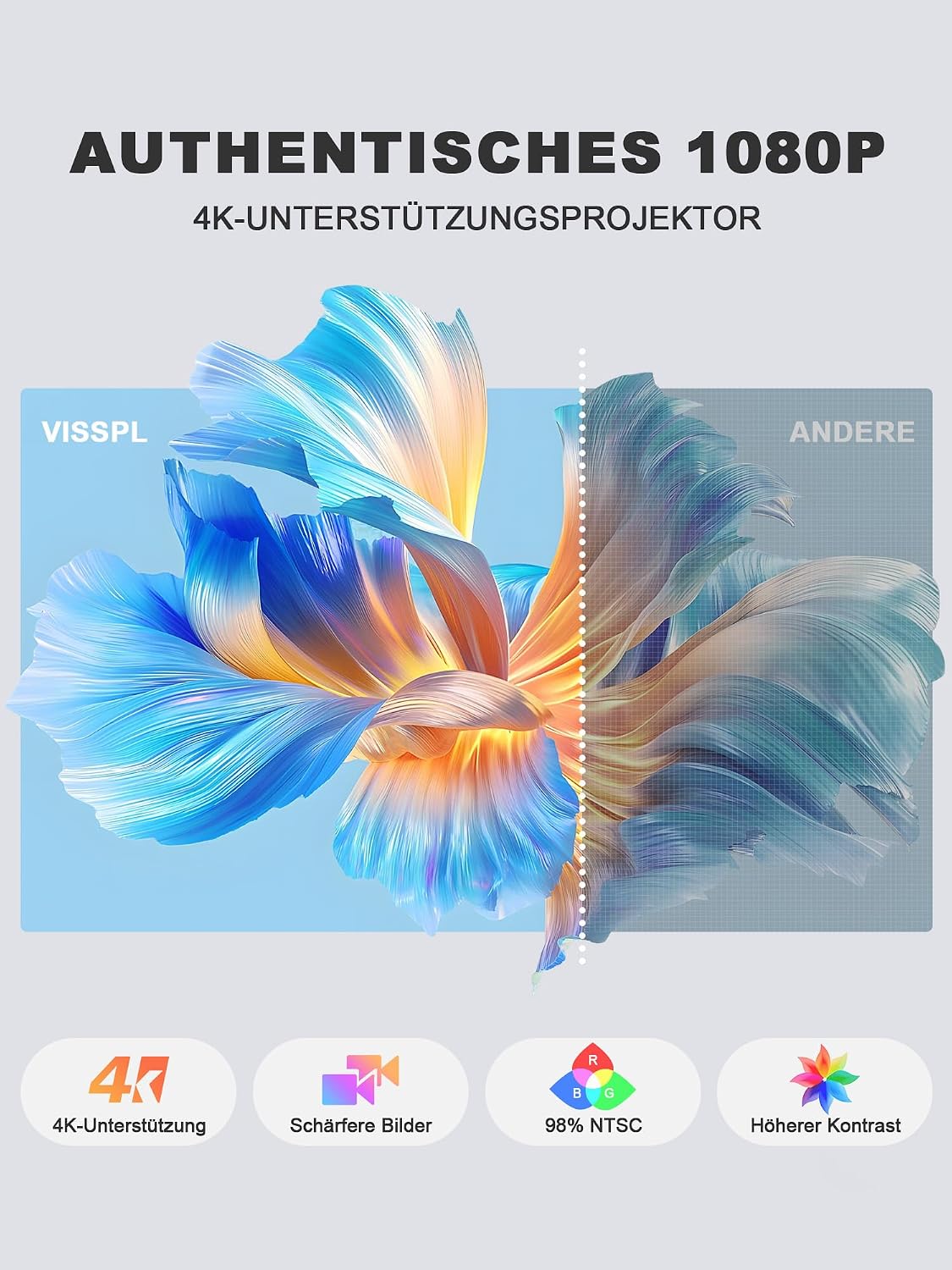 Detalle de VISSPL Smart Mini Beamer 4K H86 – Tragbarer 4K Heimkino-Projektor mit AutoFocus, Trapezkorrektur und KI-Unterstützung