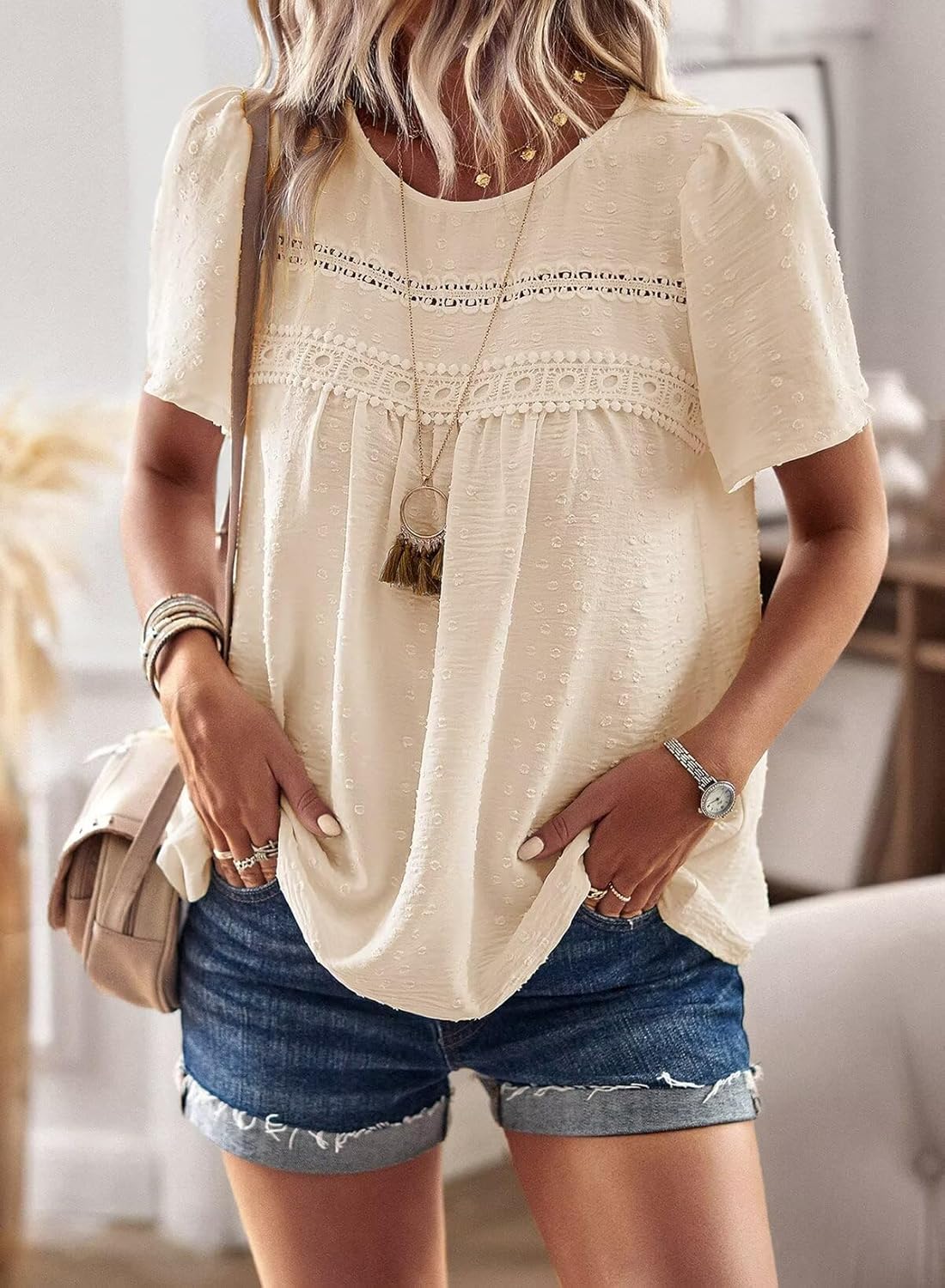 Thumbnail 3 de Falechay Women’s Summer Tops: Boho Crochet Lace Blouse with Flowing Fit