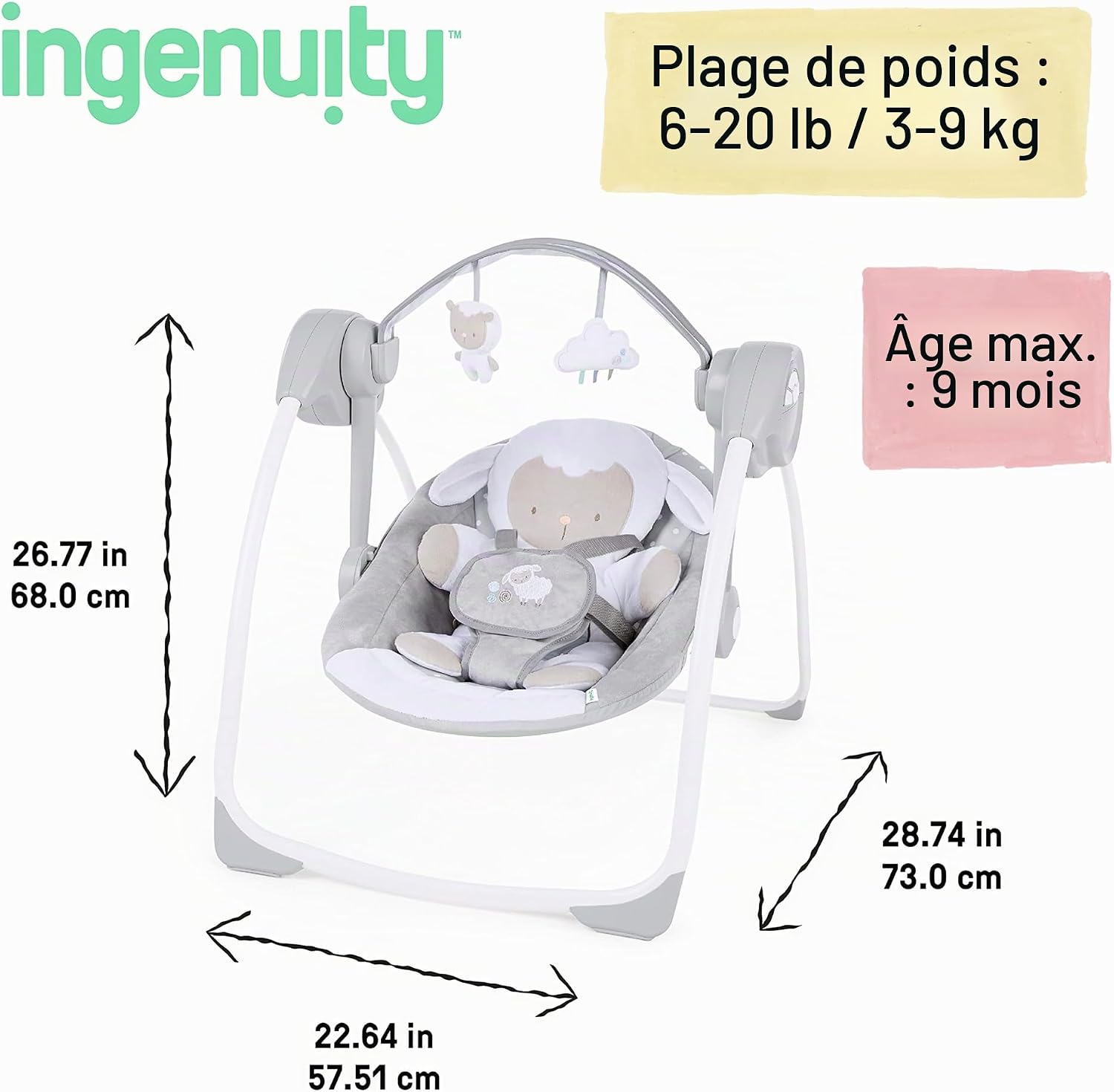 Detalle de Ingenuity Balancelle Compacte Cuddle Lamb – 6 vitesses, 12 mélodies, arche amovible
