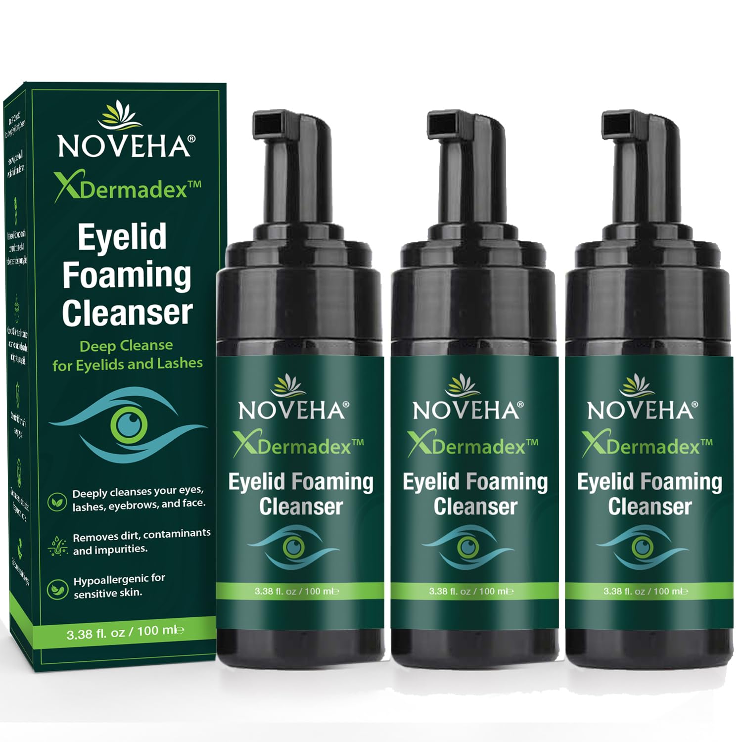 Detalle de NOVEHA Extra Strength Tea Tree Eyelid & Face Foaming Cleanser, 3.38 fl oz, 3-Pack