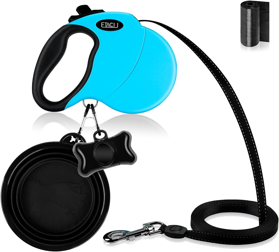 Detalle de ETACCU Retractable Dog Lead 16.4ft – Extendable, Tangle-Free, 1-Handed Brake, Reflective for Small Dogs (≤44 Lbs) – Blue