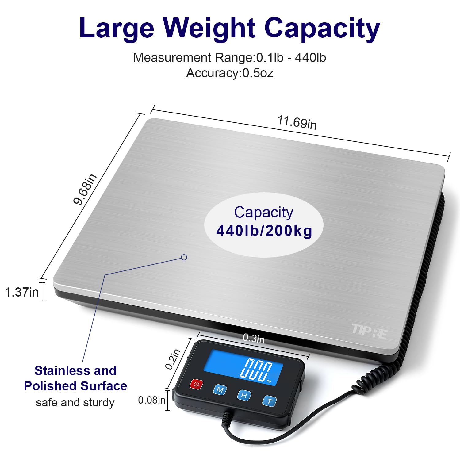 Detalle 2 de TIPRE CS02 Shipping Scale, 440 lb Capacity, Backlit LCD and Type-C