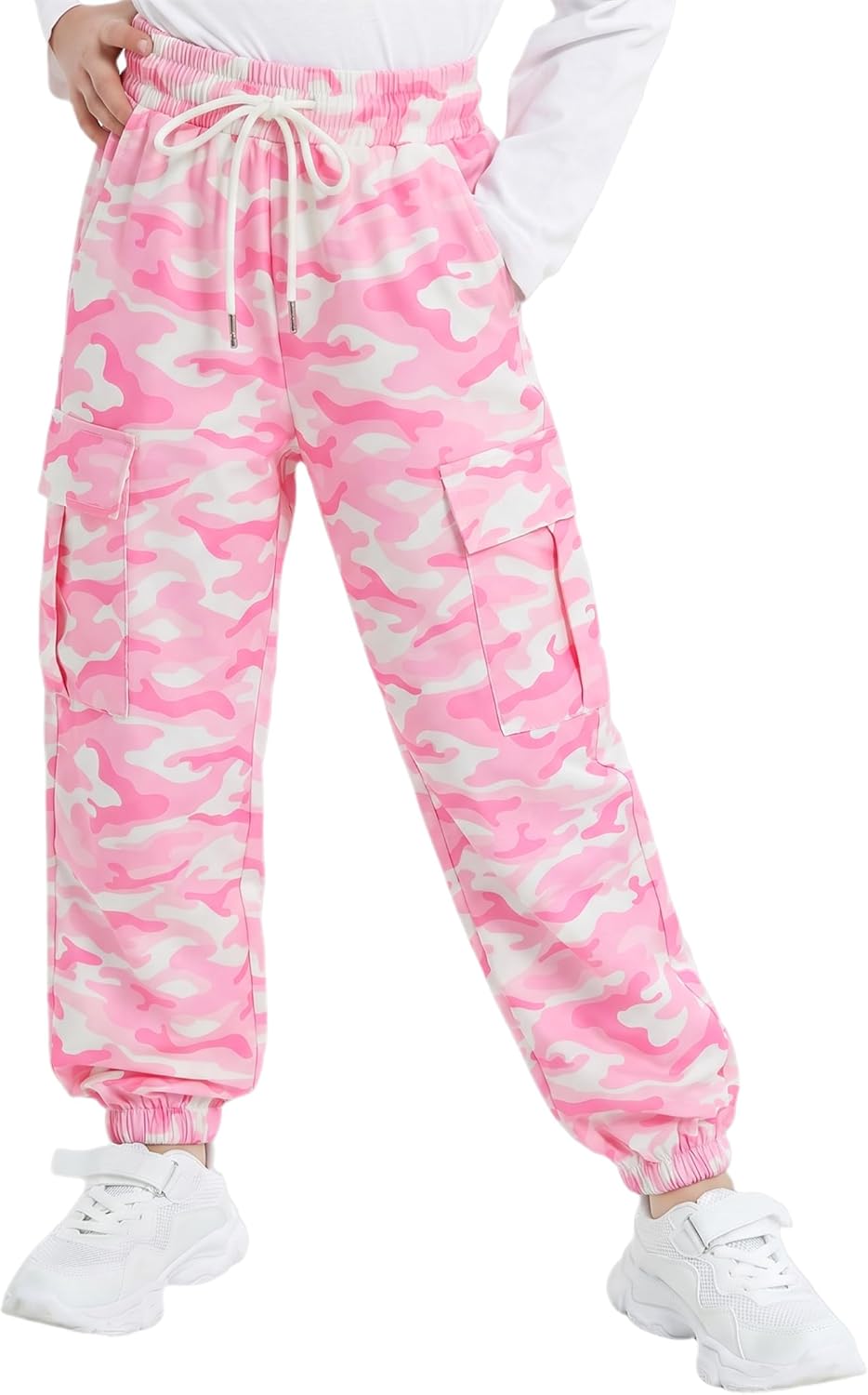 Thumbnail 6 de JiAmy Girls Cargo Trousers with Elastic Waist – Casual Baggy Parachute Pants for 5–14 Years