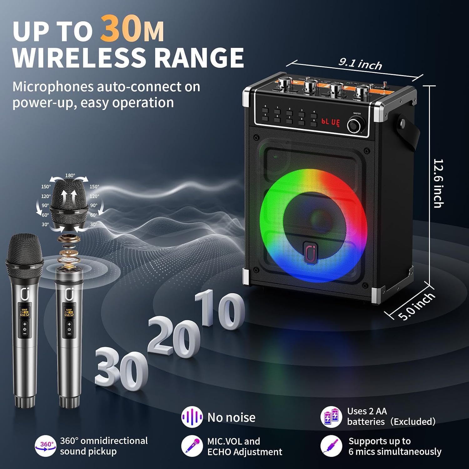 Detalle 2 de JYX 66BT Karaoke Machine with Two Wireless Mics, Bluetooth 5.3 and Disco Lights