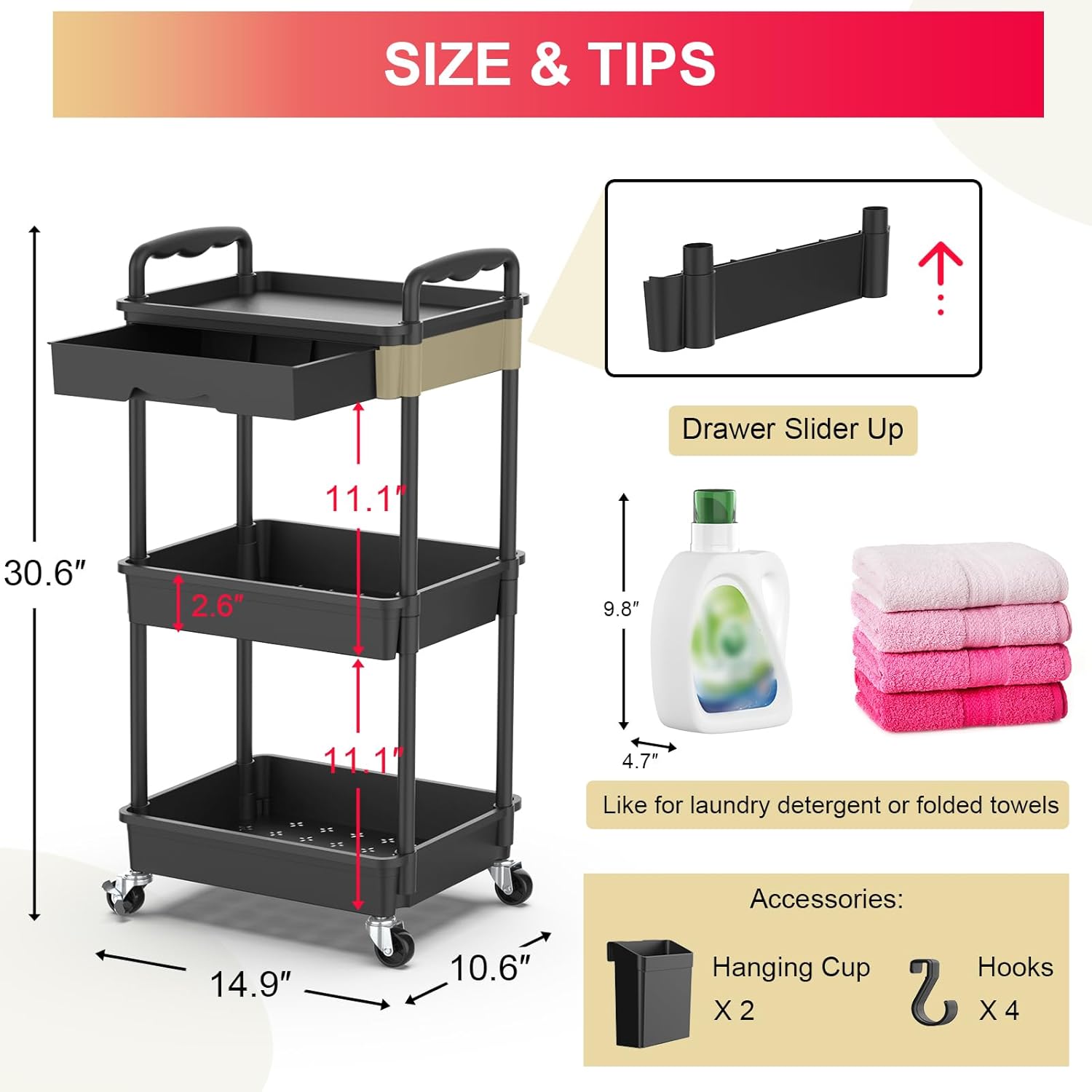 Thumbnail 3 de Goovilla GV-UC03B 3-Tier Rolling Utility Cart with Removable Drawer, Black