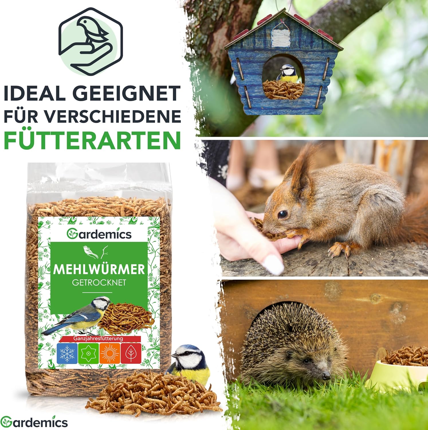 Detalle de Gardemics Mehlwürmer getrocknet 5 Liter – 800 g Premium Insektenfutter für Vögel, Fische, Schildkröten und mehr